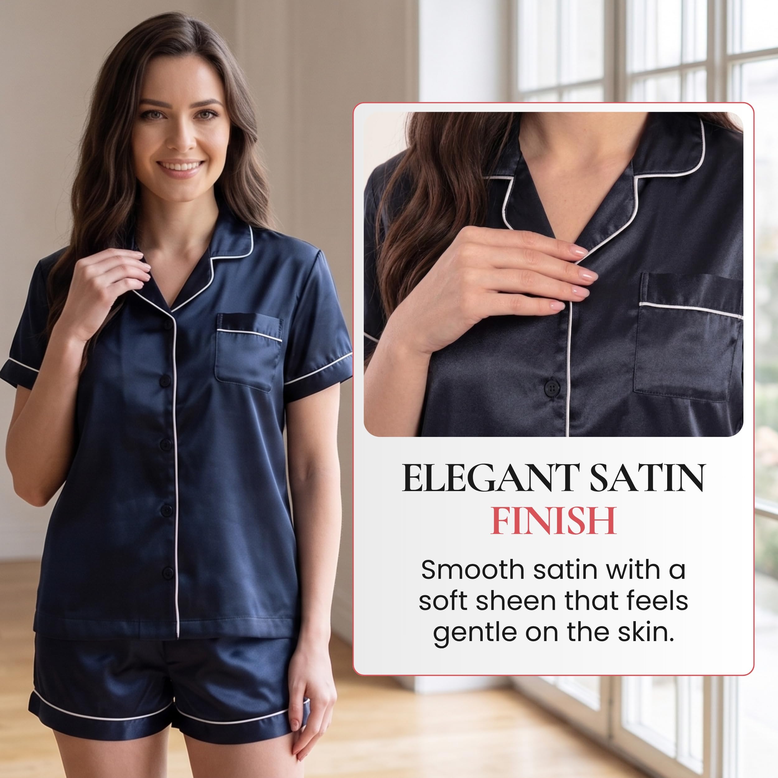 Just Love Women's Satin Pajama Set, Short Sleeve Button Down Top with Notch Collar and Matching Shorts