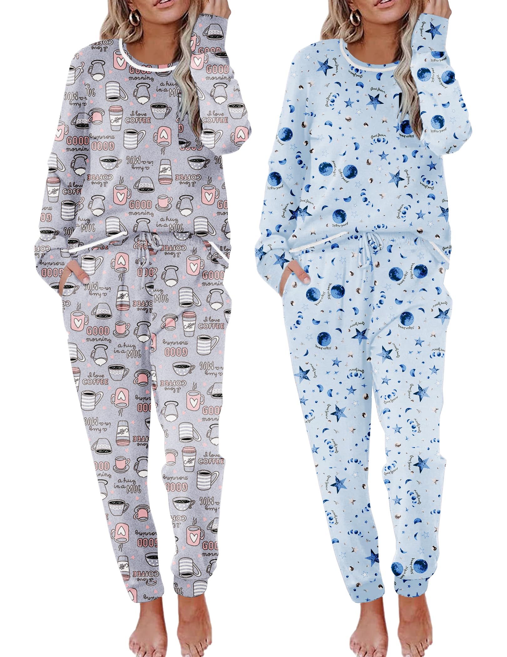 Ekouaer 2 Pack Womens Pajama Sets Long Sleeve Lounge Sets Soft Pj Sleepwear Loungewear