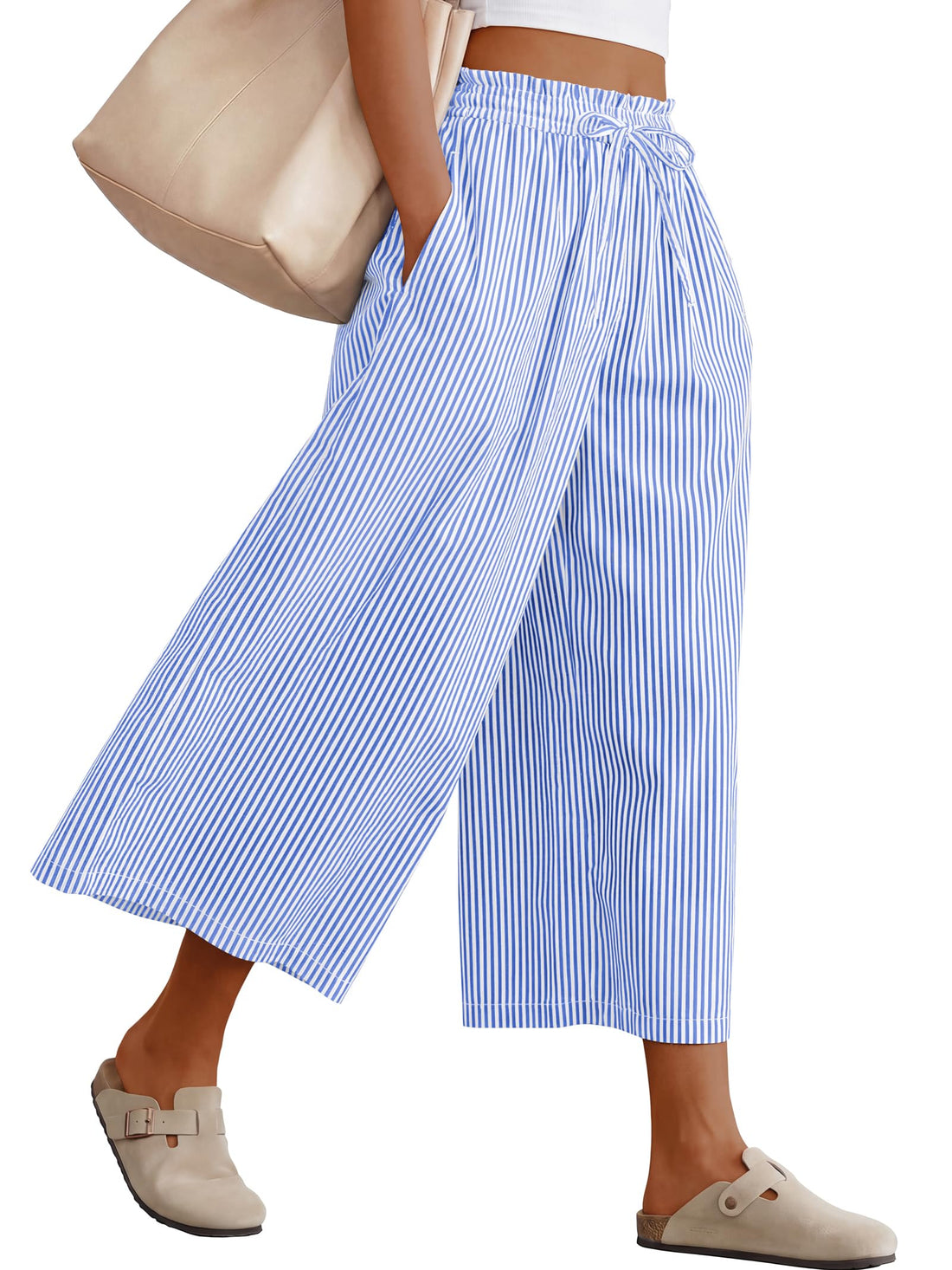 ANRABESS Womens Striped Gingham Palazzo Capri Pants Pajama Wide Leg Lounge Trousers Plaid Cute Crop PJ Bottoms with Pockets