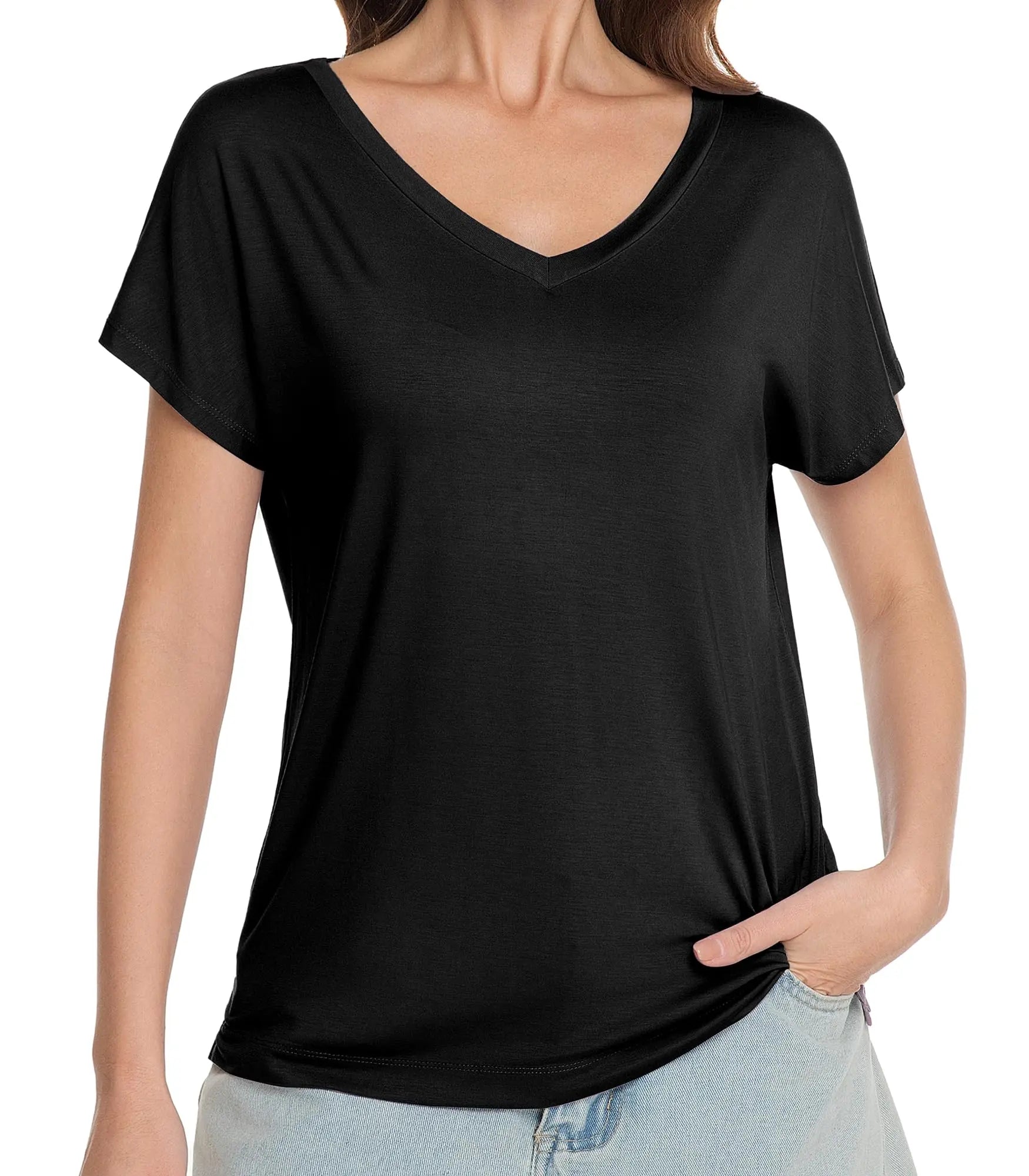 WiWi Bamboo Viscose Shirts for Women, Super Soft Short Sleeve Sleep Pajama Tops, Cooling Satin V Neck Summer Lounge Wear