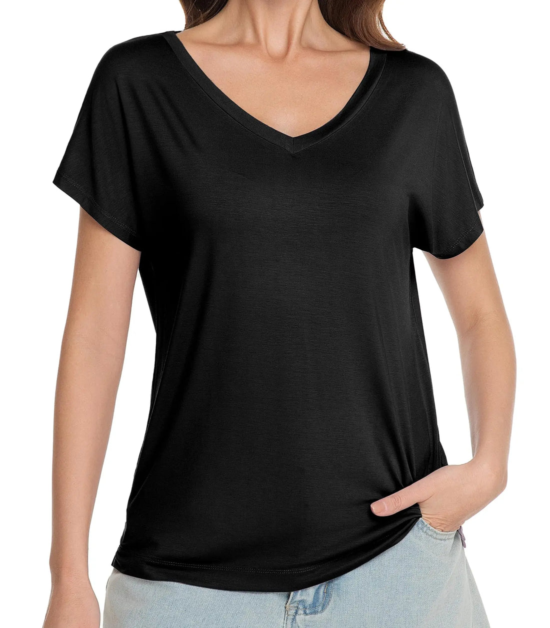 WiWi Bamboo Viscose Shirts for Women, Super Soft Short Sleeve Sleep Pajama Tops, Cooling Satin V Neck Summer Lounge Wear