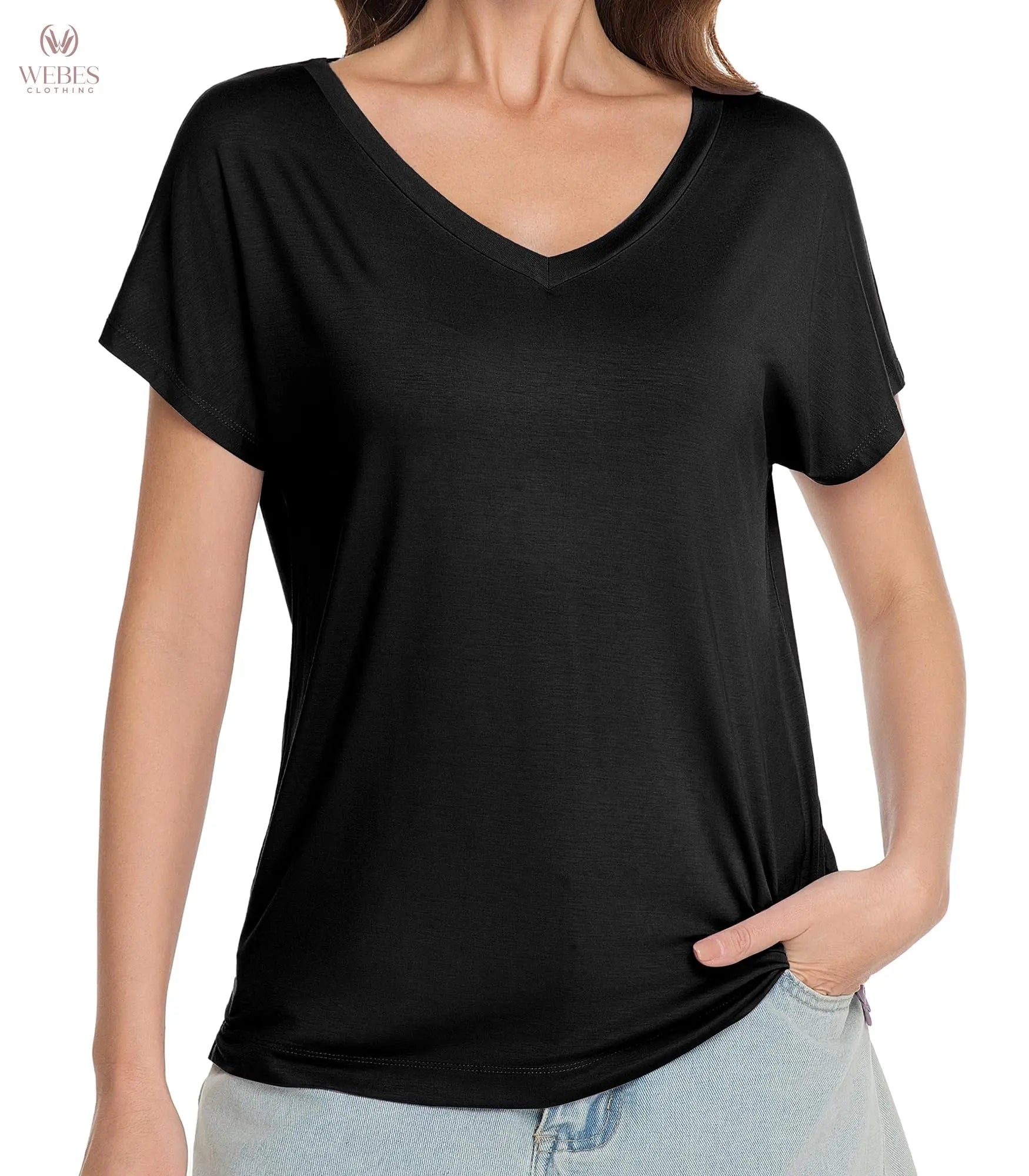 WiWi Bamboo Viscose Shirts for Women, Super Soft Short Sleeve Sleep Pajama Tops, Cooling Satin V Neck Summer Lounge Wear