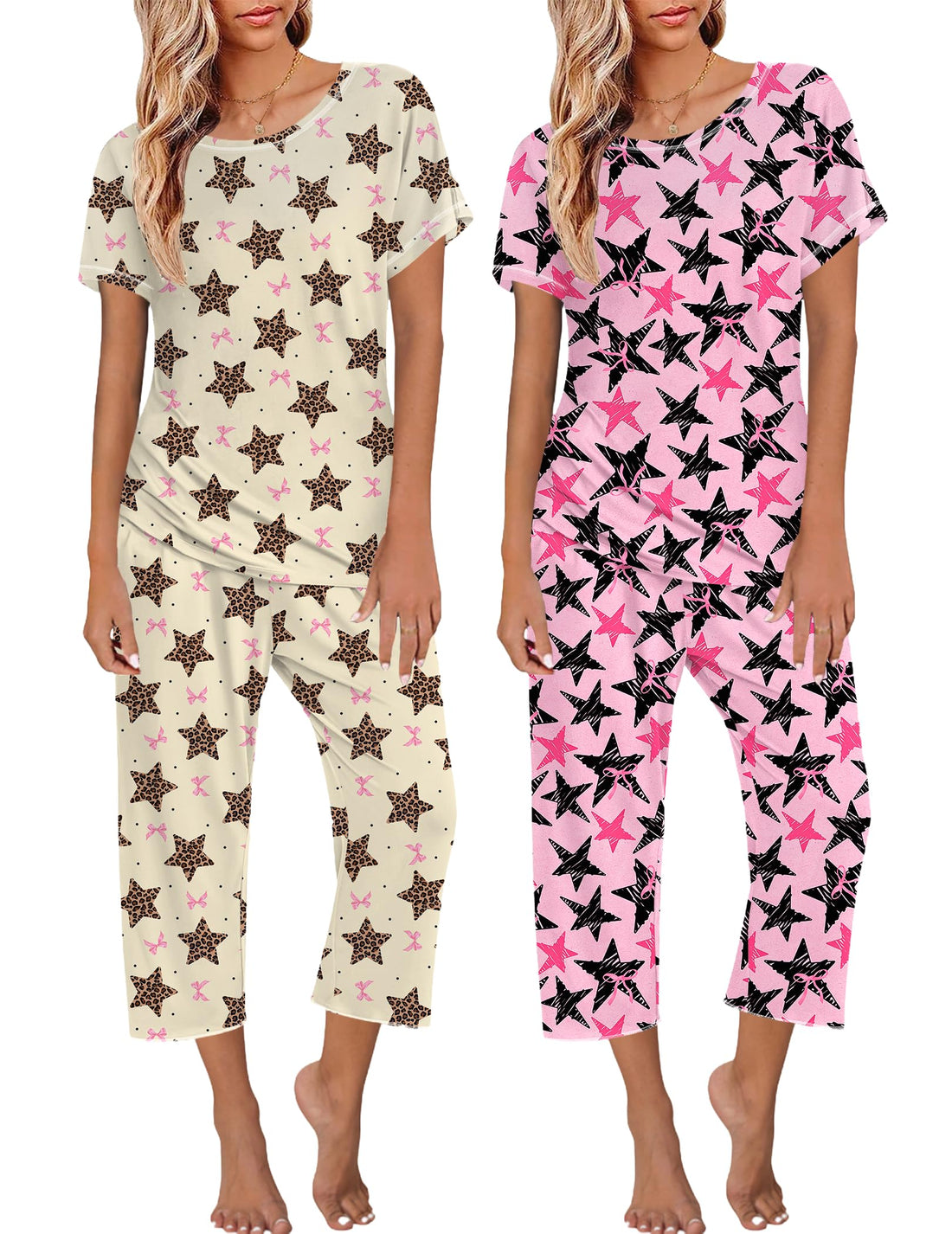 Ekouaer 2 Pack Womens Pajamas Sets Short Sleeve Tops and Capri Pants Pjs Colorful Printed Sleepwear Sets