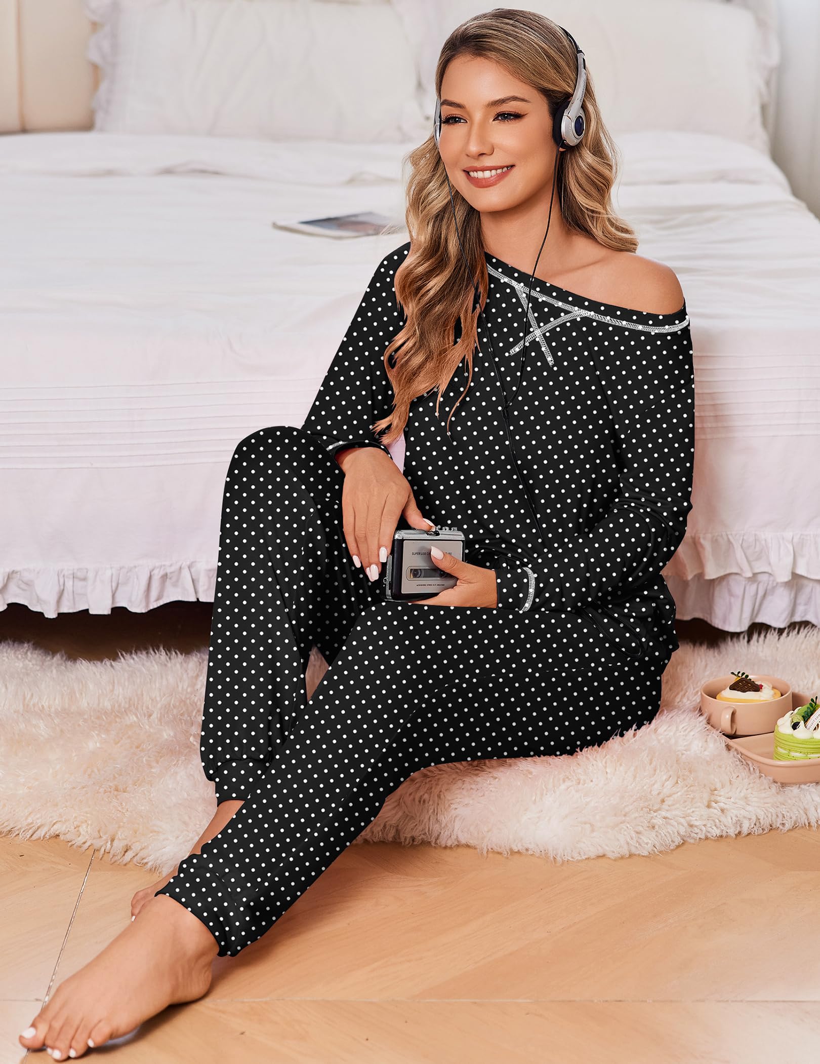 Ekouaer 2 Pack Pajama Sets for Womens Jogger Pants Pjs Long Sleeves Lounge Set Soft Sleepwear with Pockets
