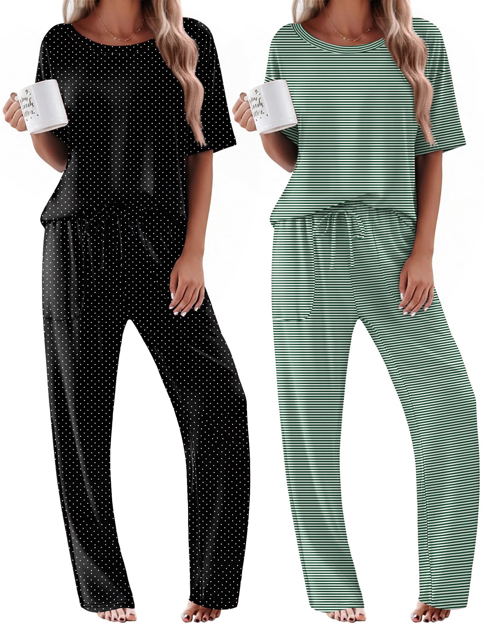 Ekouaer 2 Pack Womens Pajama Sets Short Sleeve Tops and Long Pants Casual Comfy Pjs Lounge Set with Pockets,S-XXL