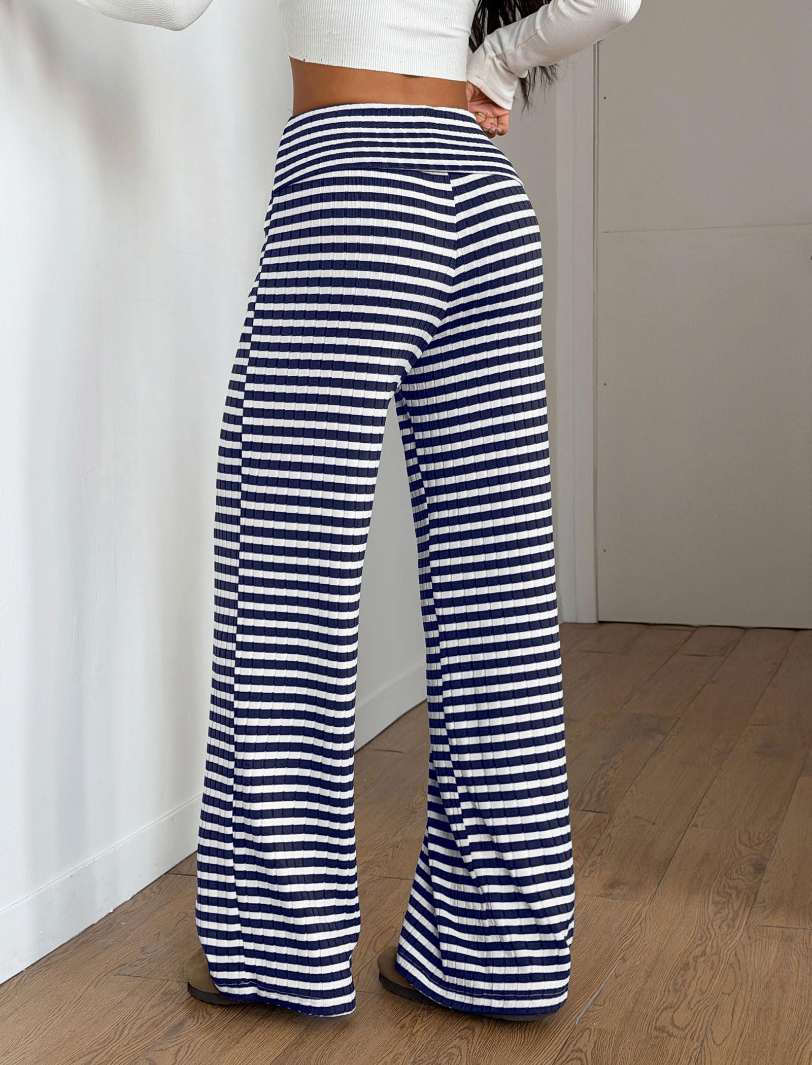 ZAFUL Women's Striped Pants Casual Fold Waist Wide Leg Pants Lightweight Comfy Stretchy Loose Lounge Pajama Pants