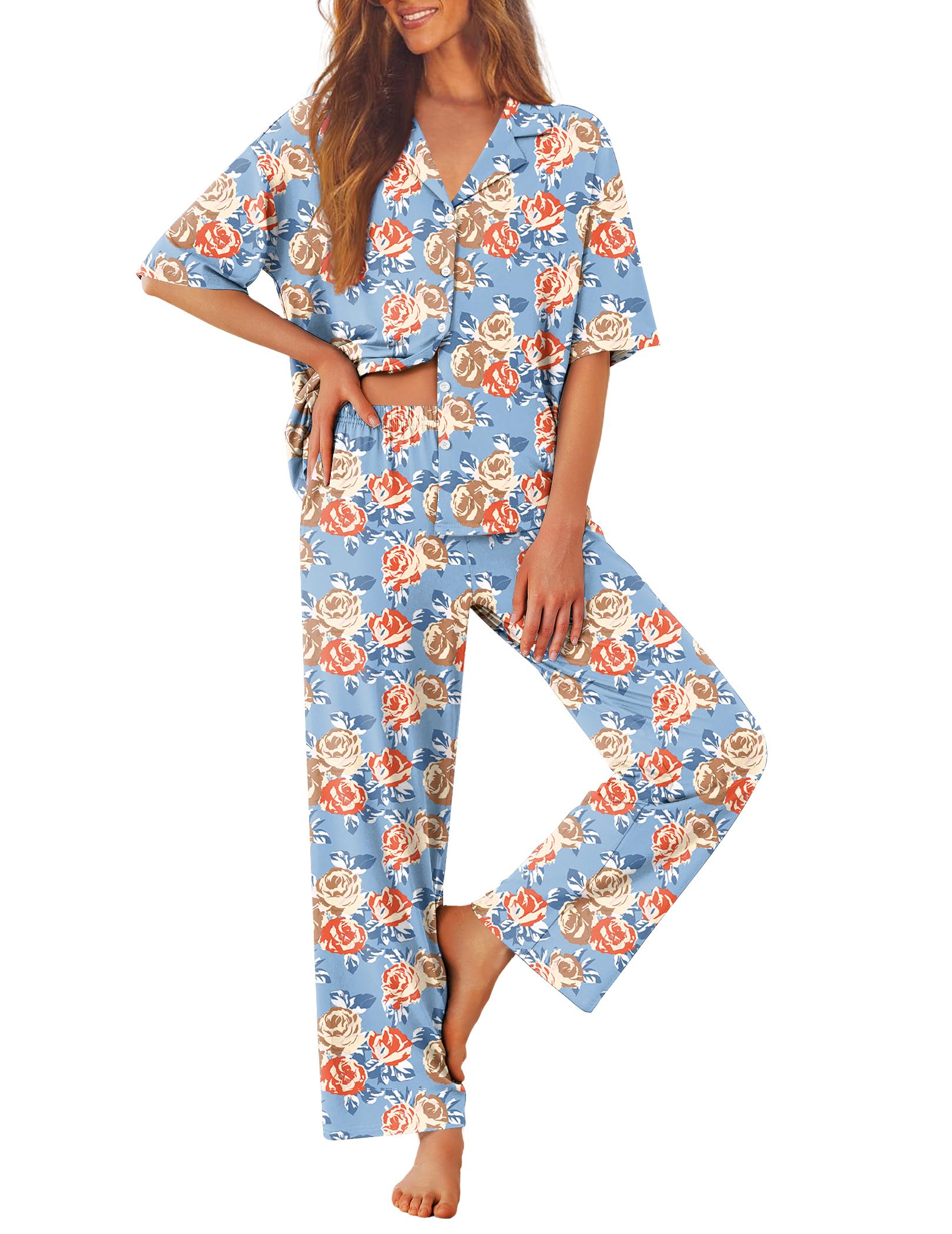 Ekouaer Women Pajamas Set Button Down Sleepwear Short Sleeve Pjs Soft Comfy Nightwear with Long Pants S-XXL