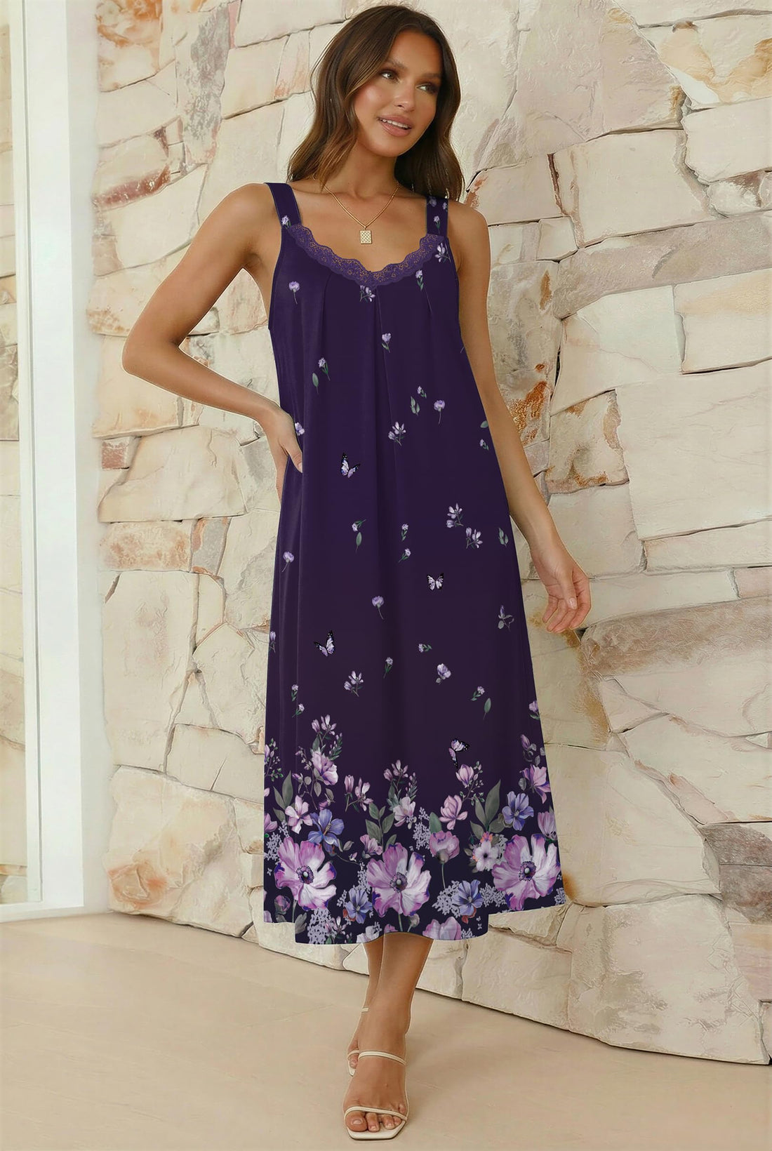 Ekouaer Sleeveless Nightgowns for Women Lace V-neck Long Nightdress Wide Strap Sleepwear Soft Lounge Dresses WEBE CLOTHING