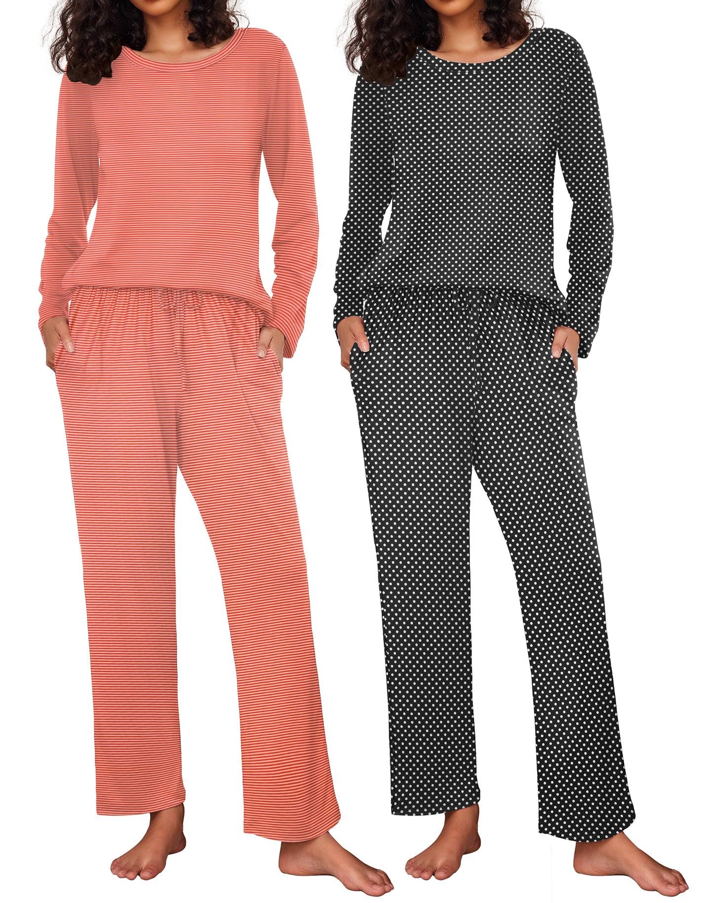 Ekouaer 2 Pack Womens Pajama Sets Long Sleeve Pjs Lounge Set Soft Comfy Sleepwear Winter Loungewear