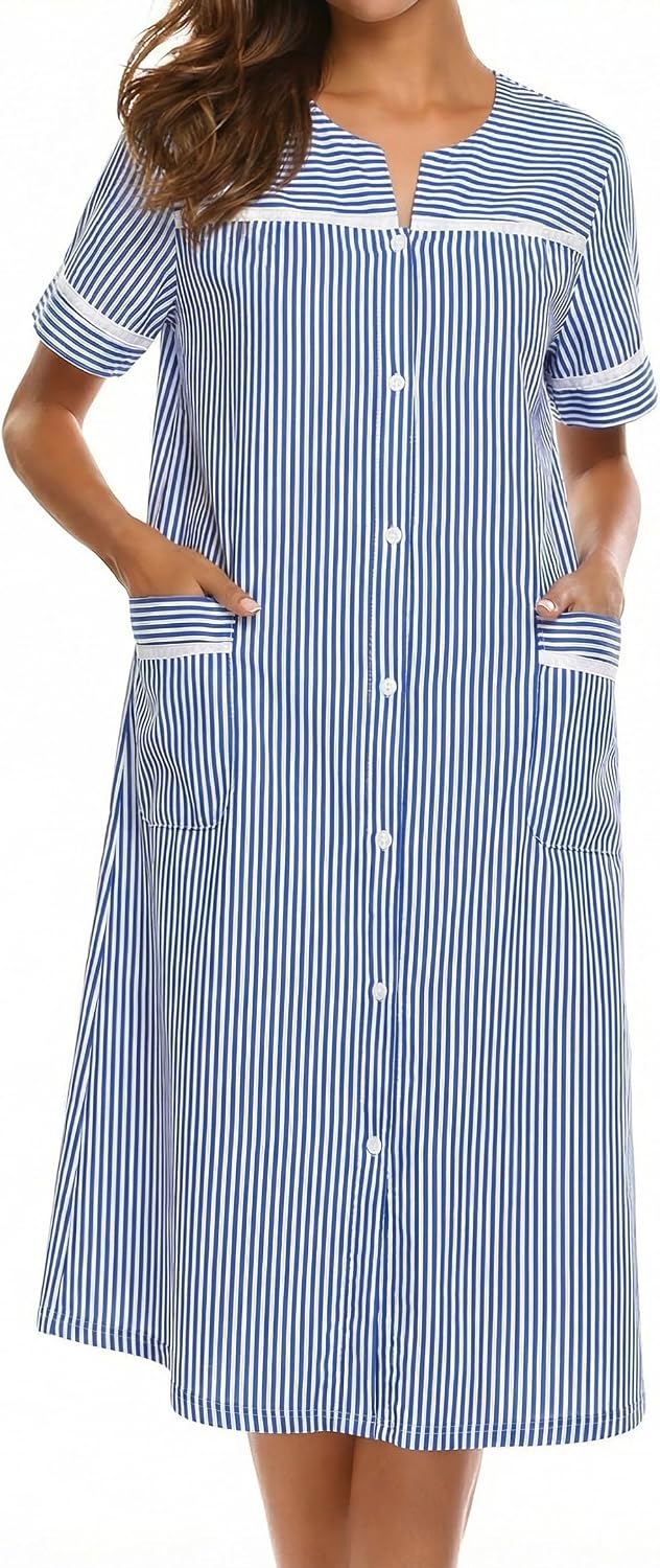 Ekouaer House Dress for Women with Pockets Duster Button Down Nightgown | Nightgowns for Women, Button Dwon House Dress with Pockets, Short Sleeve Duster Housecoat, Moo Moos for Elderly, Mumu Dress WEBE CLOTHING