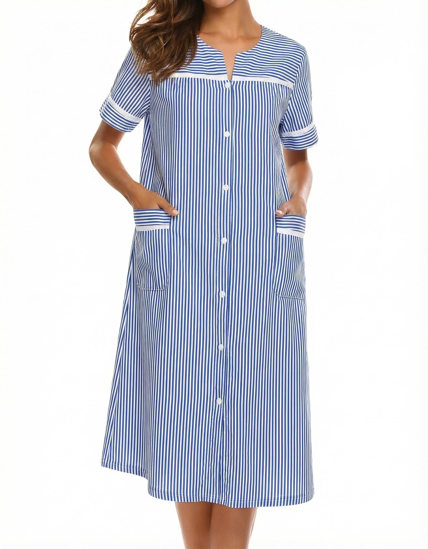 Ekouaer House Dress for Women with Pockets Duster Button Down Nightgown | Nightgowns for Women, Button Dwon House Dress with Pockets, Short Sleeve Duster Housecoat, Moo Moos for Elderly, Mumu Dress