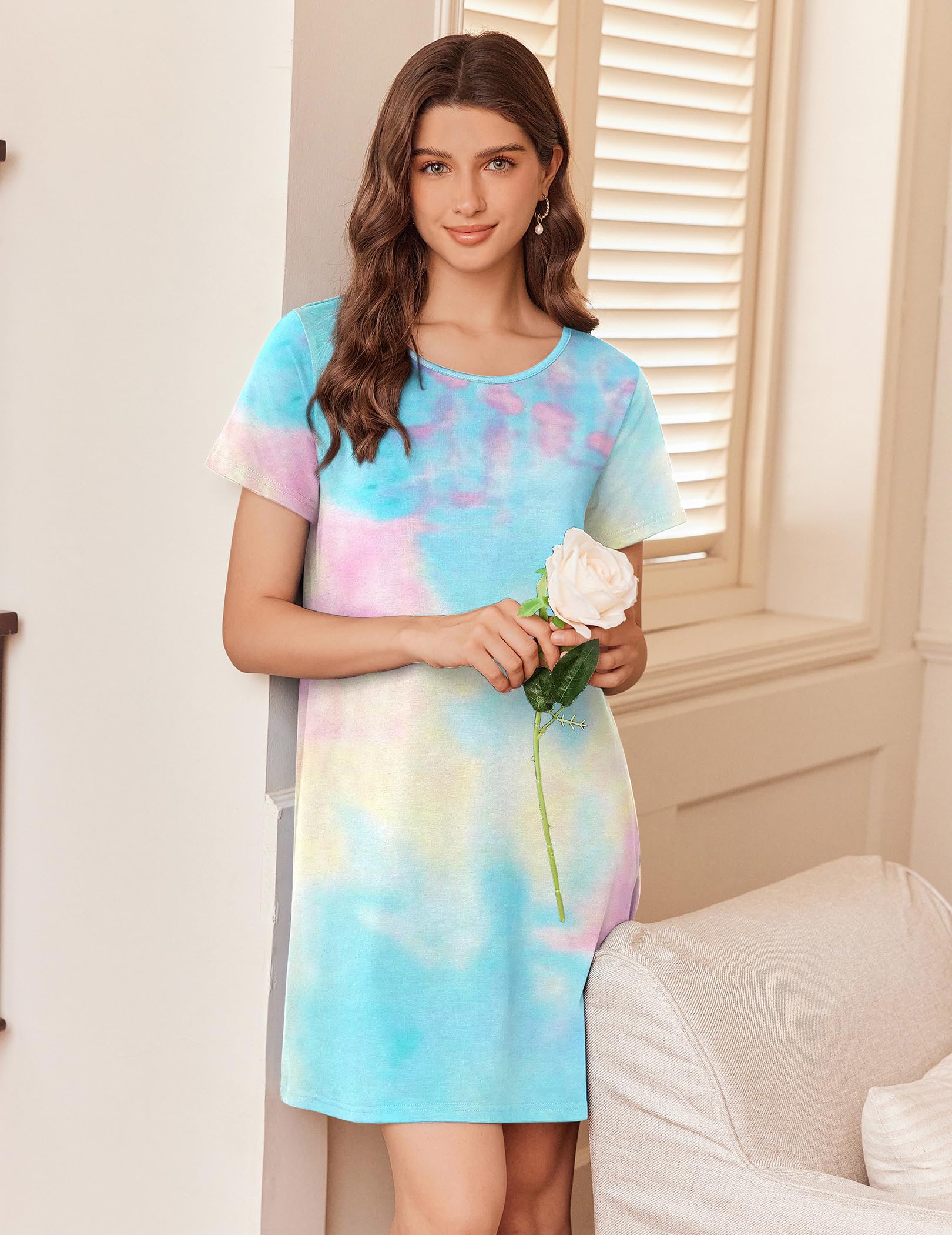 Ekouaer Nightgowns for Women Cotton Sleepshirts Short Sleeve Nightshirt Tshirt Night Gown Casual Sleepdress Comfy Nightdress