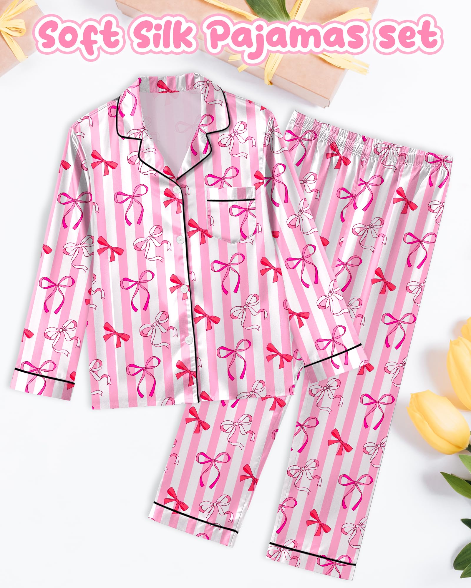 Sylfairy Girls Pajamas Silk PJS Set Satin Sleepwear Long Sleeve Jammies for Kids Button-Down Nightwear Loungewear 3-16 Years