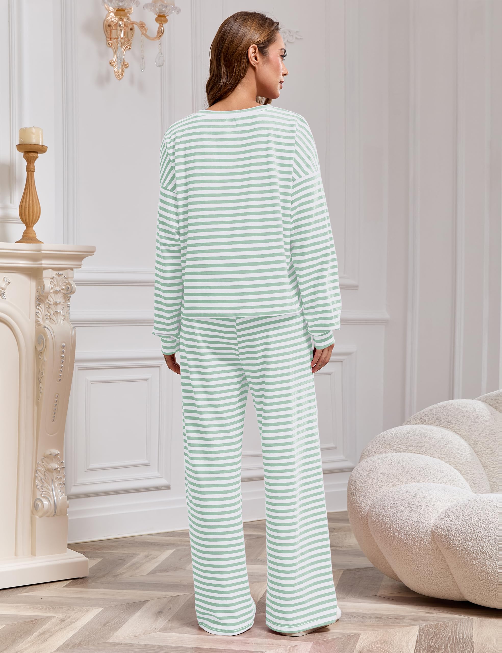 MISSACTIVER Women's Striped 2 Piece Lounge Set Casual Long Sleeve T-Shirt Drawstring Wide Leg Pants Matching Pajamas Set
