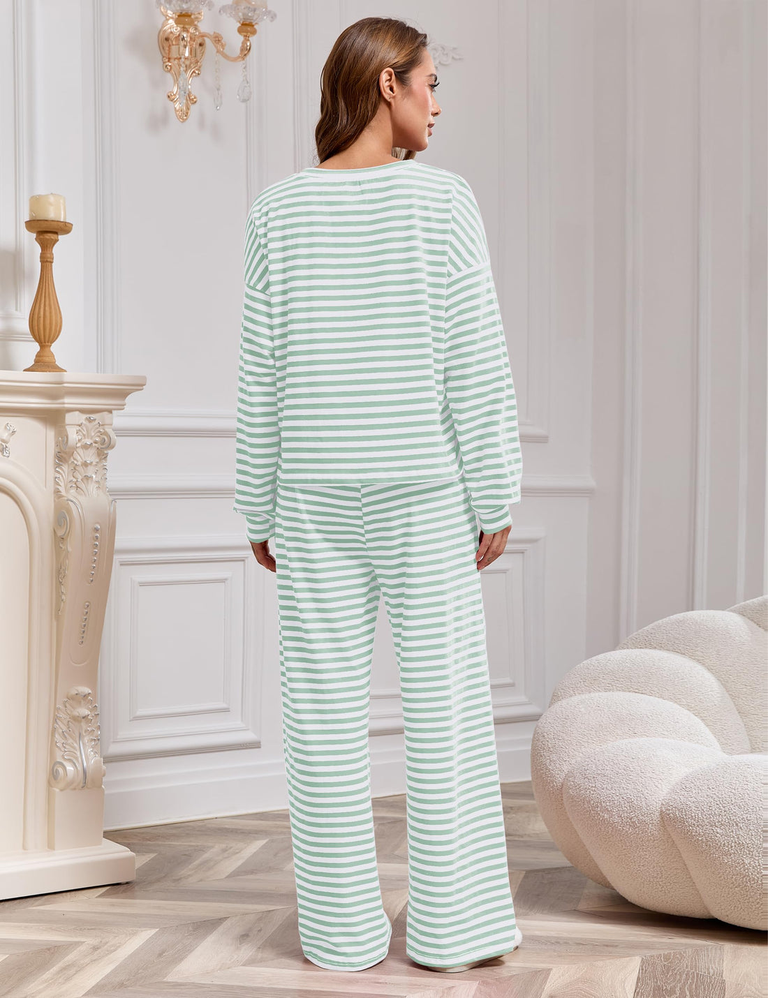 MISSACTIVER Women's Striped 2 Piece Lounge Set Casual Long Sleeve T-Shirt Drawstring Wide Leg Pants Matching Pajamas Set