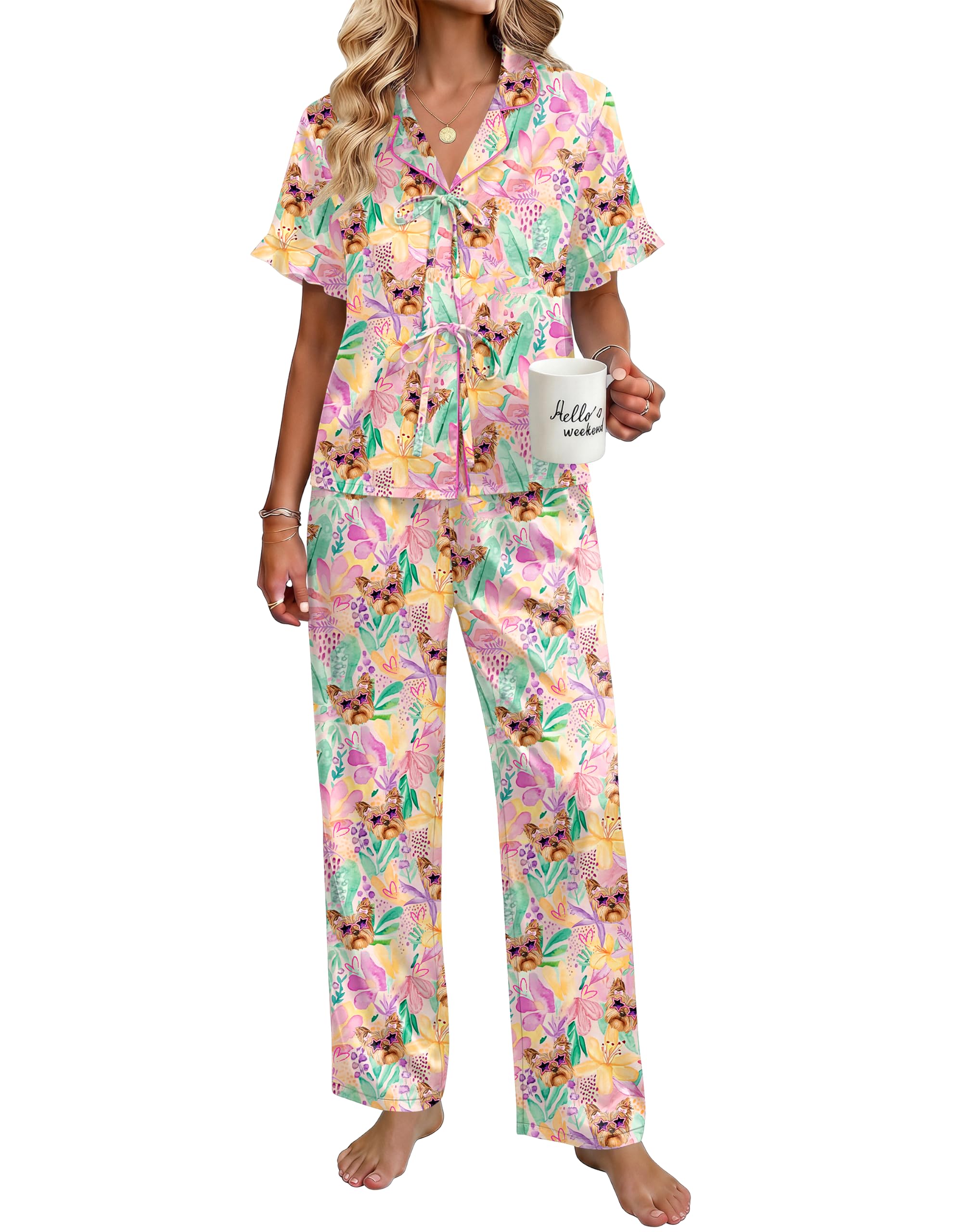 Ekouaer Womens Satin Pajama Sets Silky Tie Front Ruffle Pjs Sets Sleepwear | Soft lightweight satin fabric; tie-front top with ruffle cuffs, ideal for loungewear, bridal party and vacation wear WEBE CLOTHING