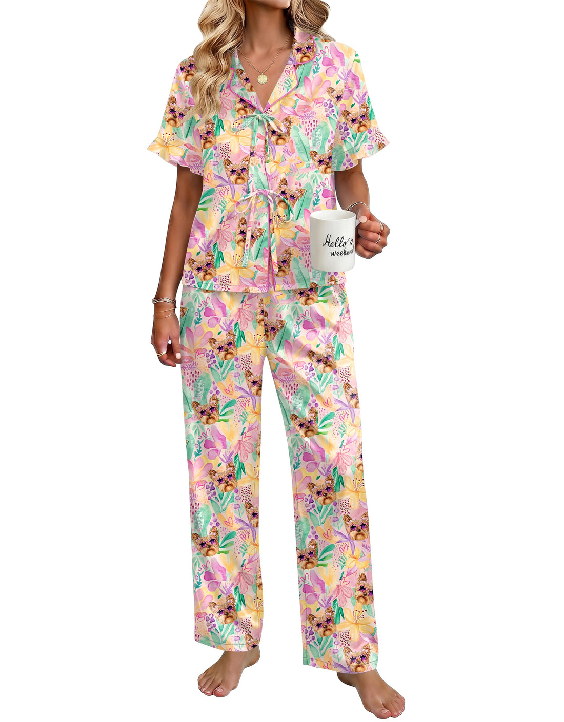 Ekouaer Womens Satin Pajama Sets Silky Tie Front Ruffle Pjs Sets Sleepwear | Soft lightweight satin fabric; tie-front top with ruffle cuffs, ideal for loungewear, bridal party and vacation wear WEBE CLOTHING