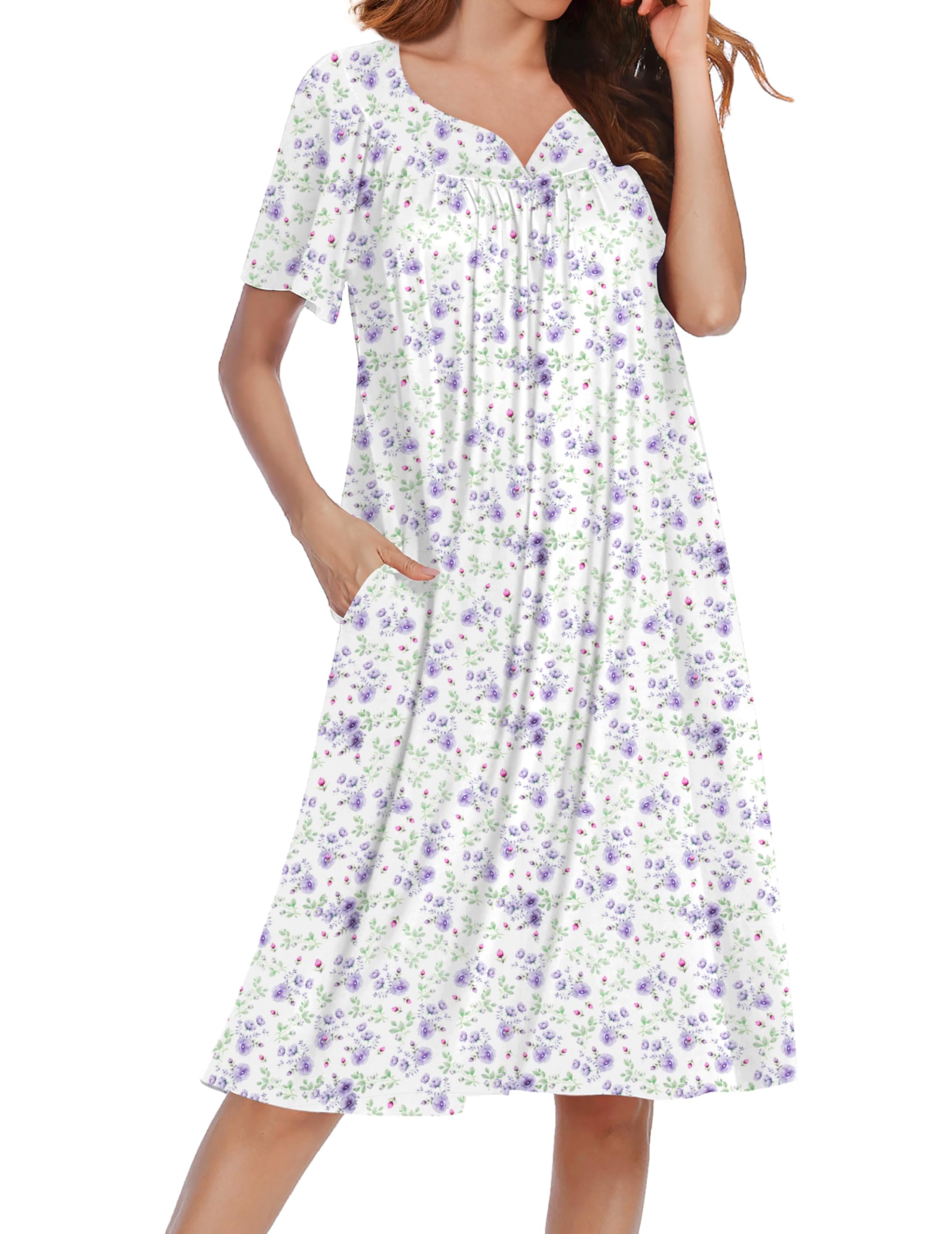 Ekouaer Nightgowns for Women House Dress Short Sleeve Moo Moo with Pockets | Pleated Mumu Dresses V Neck Sleepwear Short Sleeve Night Gowns Soft Sleep Shirts Plus Size Night Shirts Ladies Lounge Dress WEBE CLOTHING