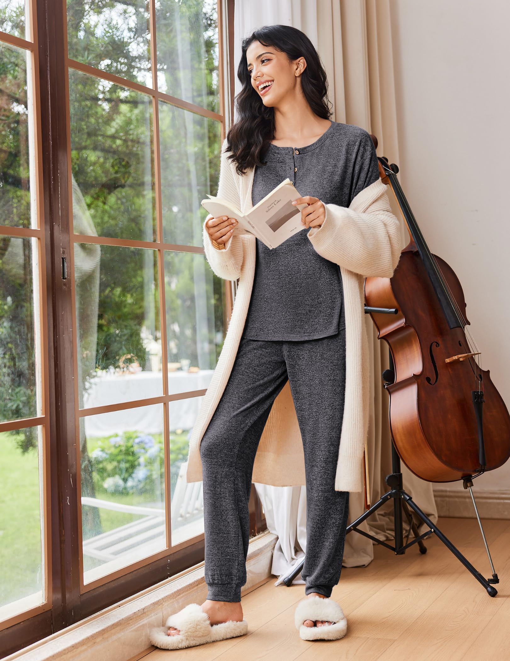 Ekouaer Womens Pajama Sets Long Sleeve Lounge Set 2 Piece Pj Sets for Women Henley Neck Casual Sleepwear Loungewear S-XXL