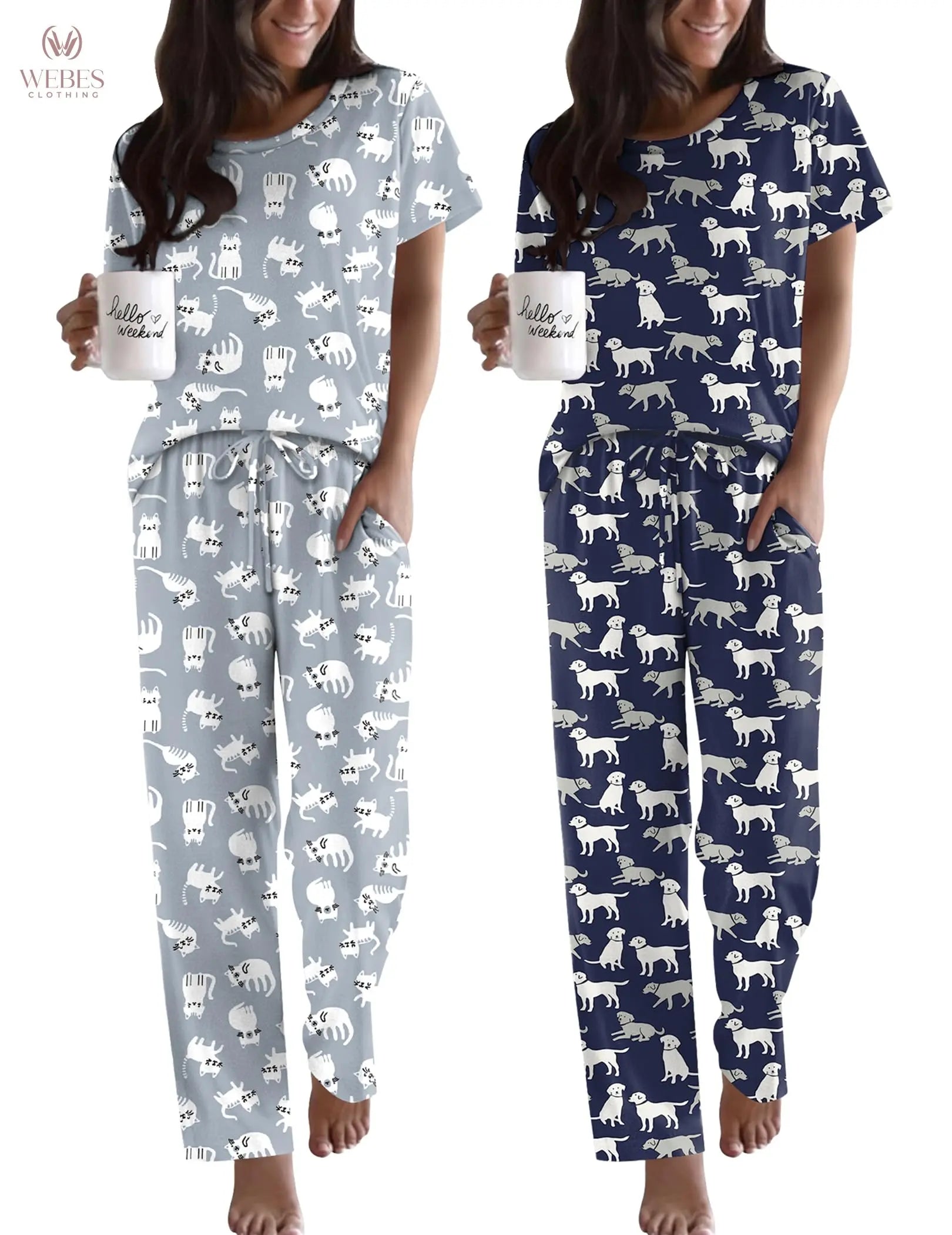 Ekouaer 2 Pack Pajamas for Women Set Short Sleeve Pj Top and Printed Pants | Soft PJs Cozy Printed Lounge Sets Comfy Sleepwear with Pockets WEBE CLOTHING