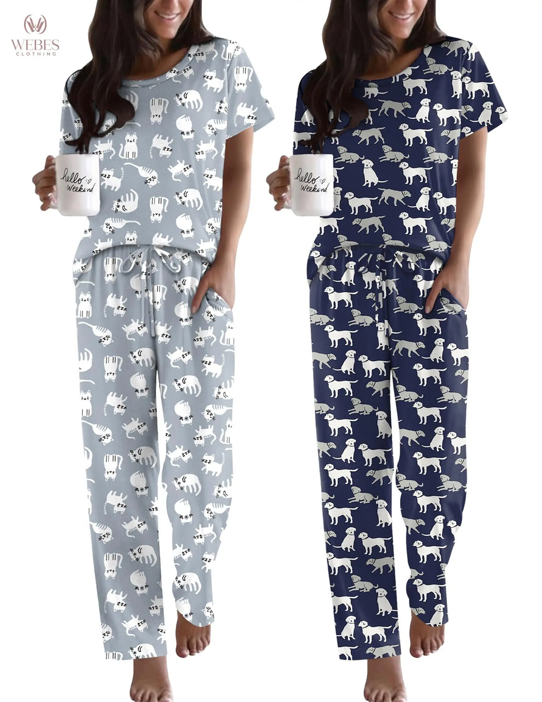 Ekouaer 2 Pack Pajamas for Women Set Short Sleeve Pj Top and Printed Pants | Soft PJs Cozy Printed Lounge Sets Comfy Sleepwear with Pockets WEBE CLOTHING