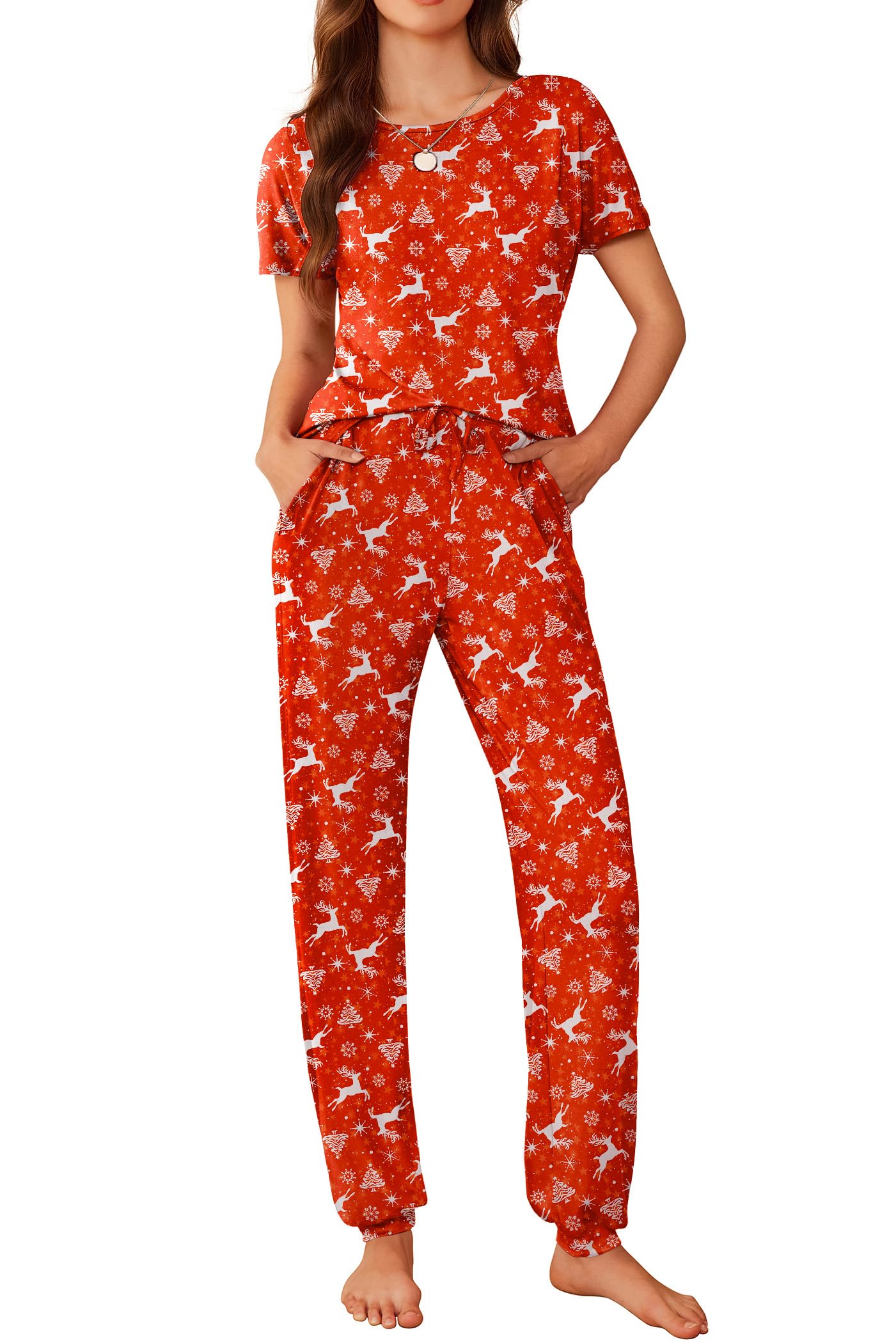 Ekouaer Womens Pajama Sets Short Sleeve Lounge Sets for Women Printed Jogger Pajama Set 2 Piece Pj Sets With Pockets S-XXL WEBE CLOTHING