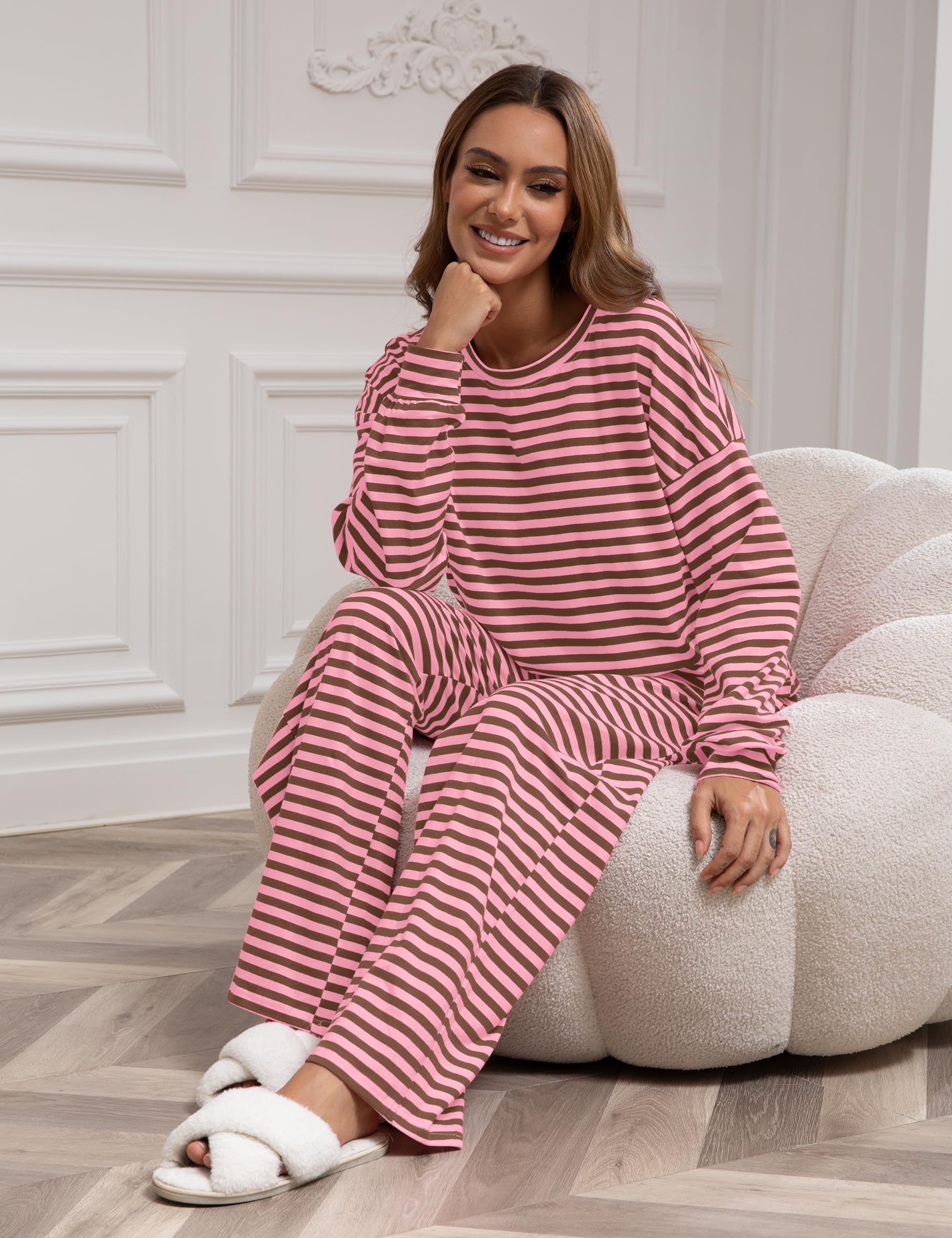 MISSACTIVER Women's Striped 2 Piece Lounge Set Casual Long Sleeve T-Shirt Drawstring Wide Leg Pants Matching Pajamas Set