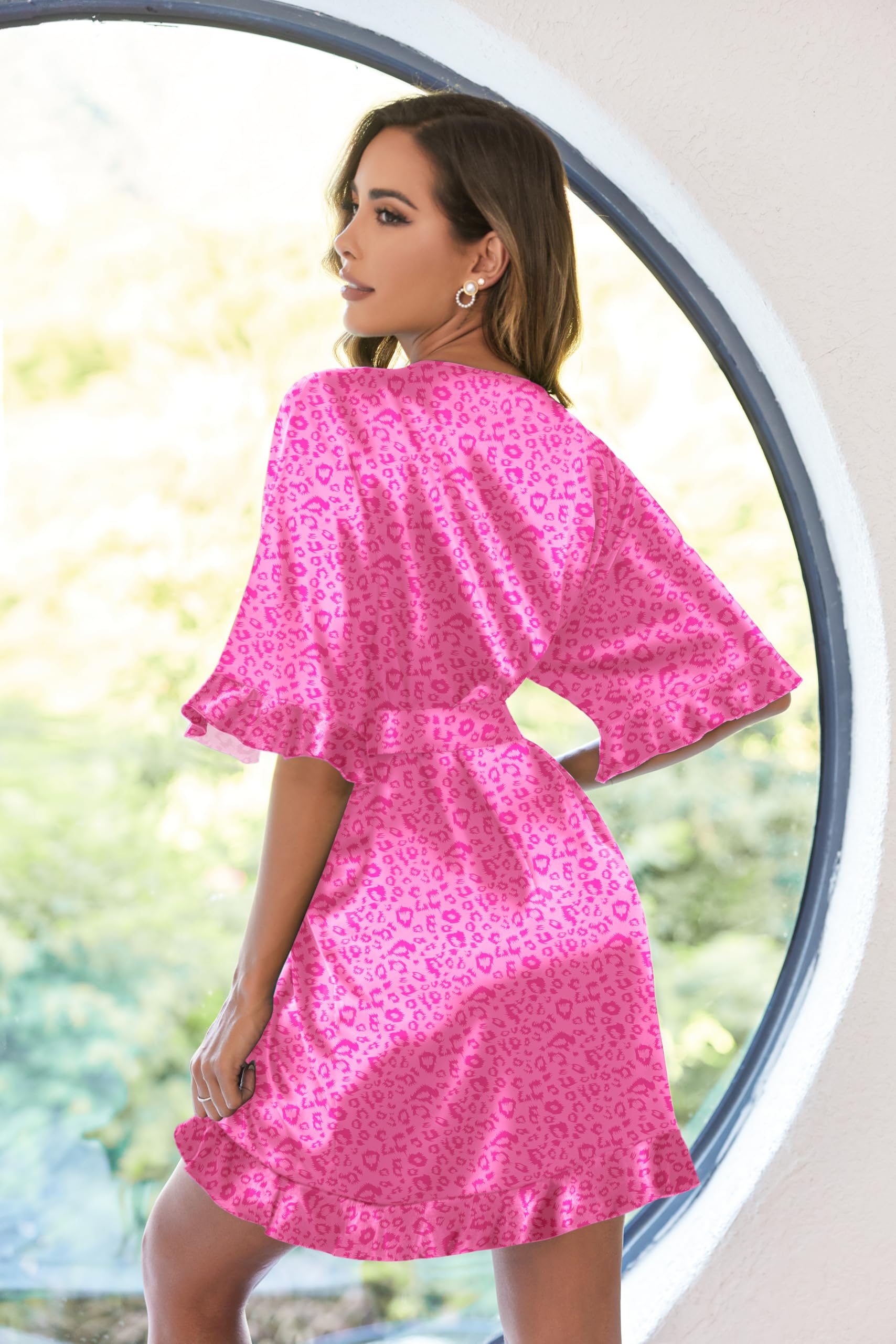 Ekouaer Womens Silk Robe Short Satin Kimono Bathrobe Bridesmaid Sleepwear | Half Sleeve, Ruffle, Comfy, Wedding Party Dressing Gown, Tabove-knee-length WEBE CLOTHING