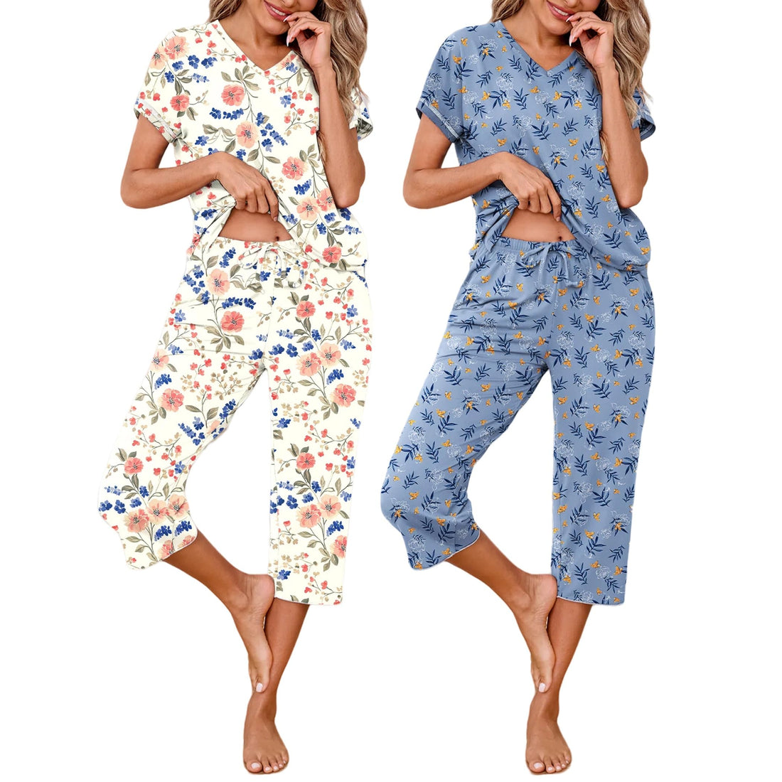 Marvmys Womens 2 Pack Pajama Sets Short Sleeve Sleepwear Capri Pants Pjs | Pockets, Lightweight, Cooling Pyjamas, Nightwear Comfy for Daily Wear, Pajams sets, Sleep, Travel, Wife, Mom WEBE CLOTHING