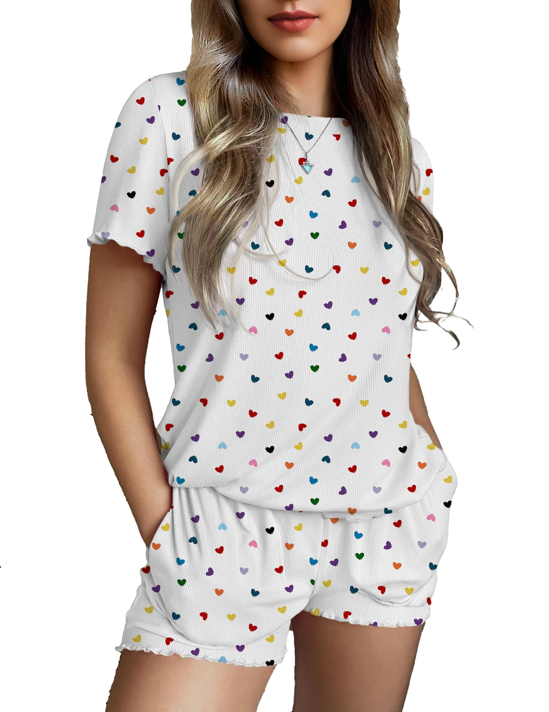Ekouaer Womens Pajamas 2 Piece Ribbed Knit Pjs Short Sleeve Sleepwear Set Summer Soft Pajamas Set Casual Lounge Sets