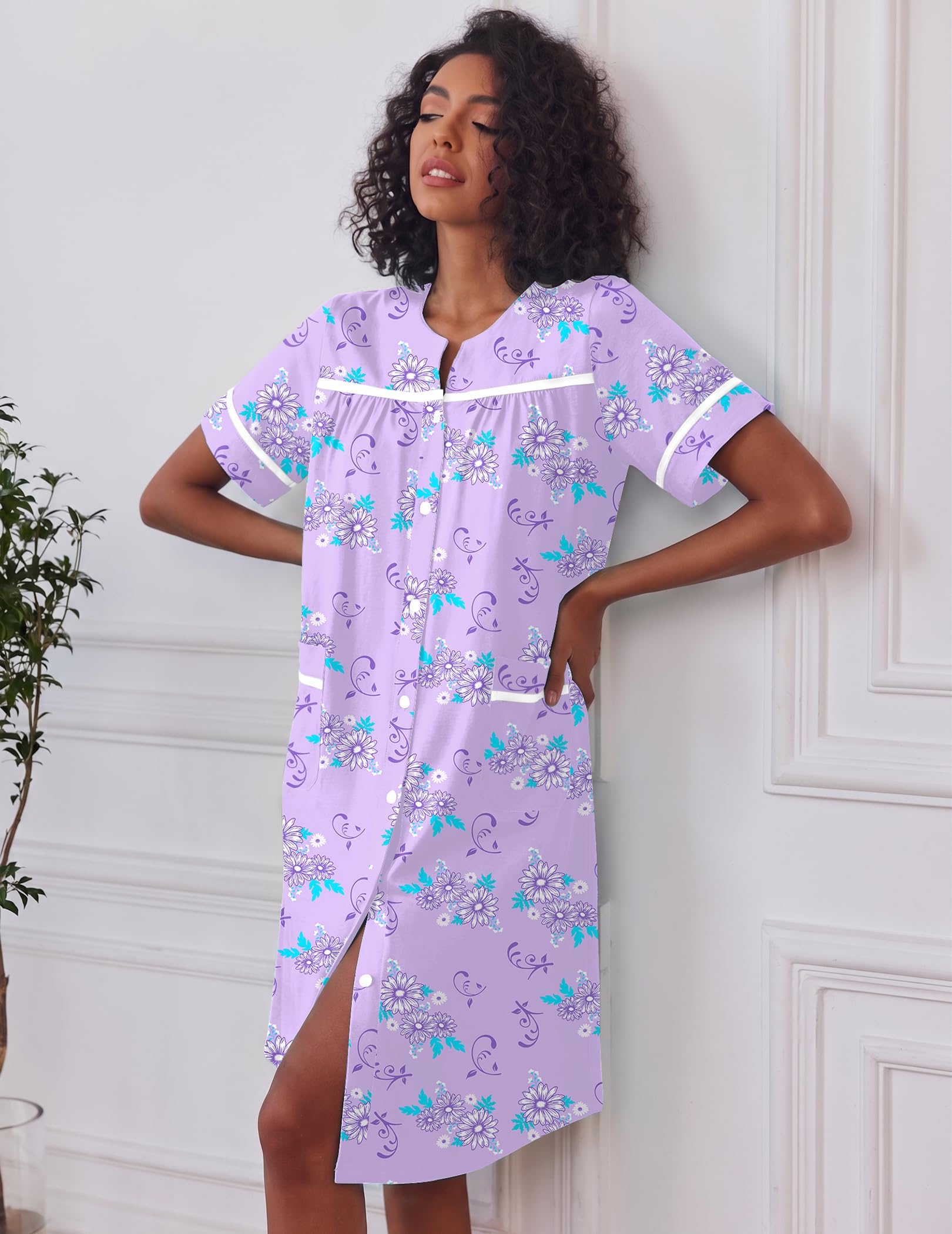 Ekouaer House Dress for Women with Pockets Duster Button Down Nightgown | Nightgowns for Women, Button Dwon House Dress with Pockets, Short Sleeve Duster Housecoat, Moo Moos for Elderly, Mumu Dress WEBE CLOTHING