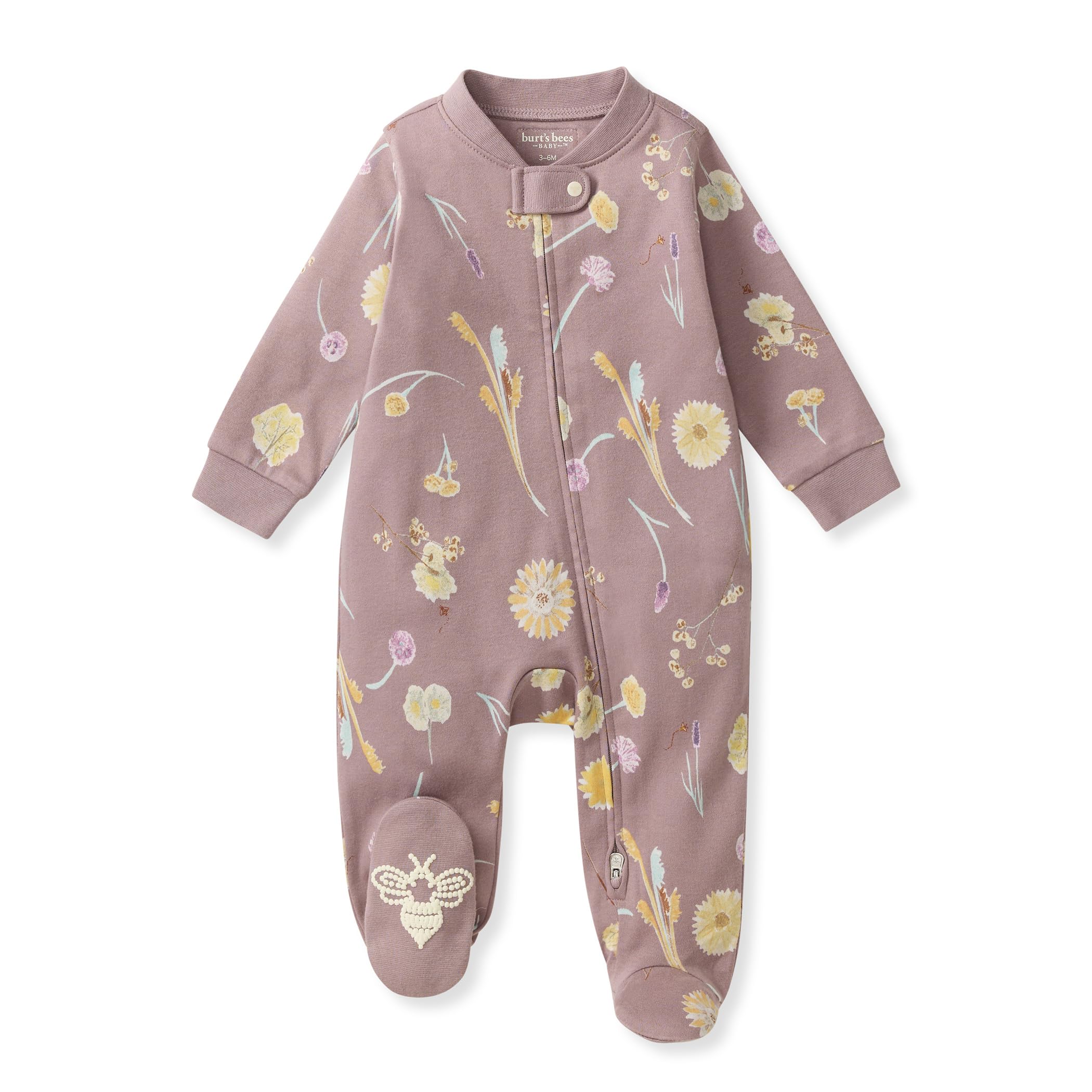 Burt's Bees Baby Organic Cotton Sleep and Play Footed Pajamas for Girls, Zipper PJ Newborn Sleeper with Non-Slip Bee Grips