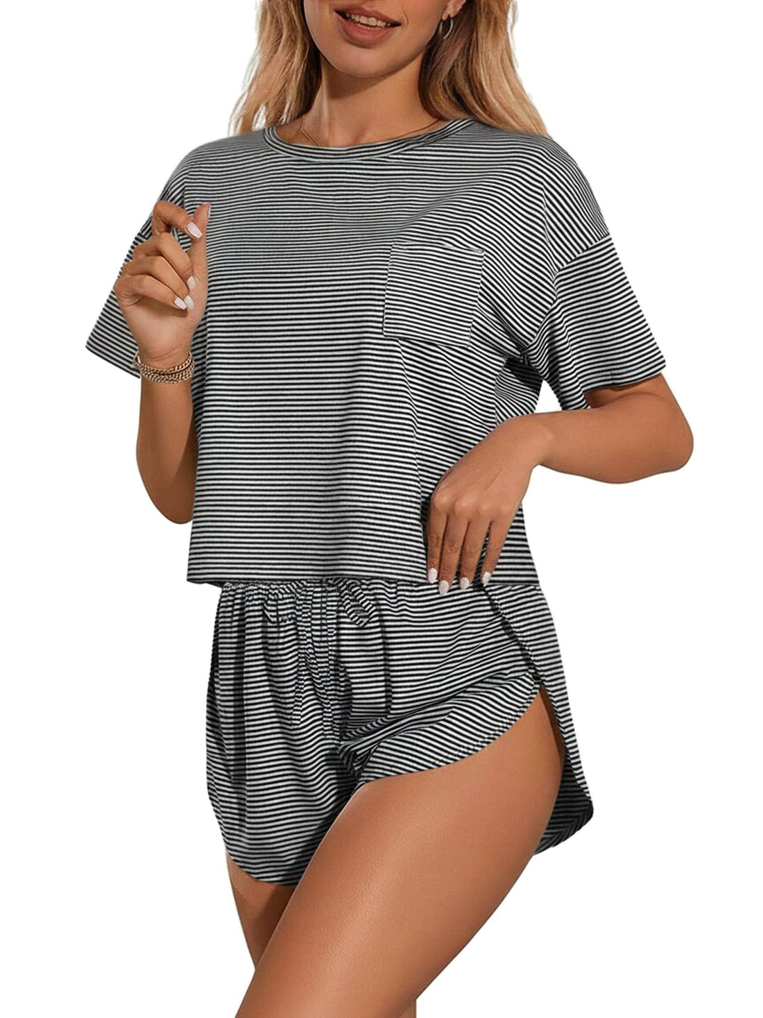Women's 2 Piece Pajama Set Short Sleeve Sexy Side Split Short Lounge Set Cute Comfy Sleepwear Loungewear