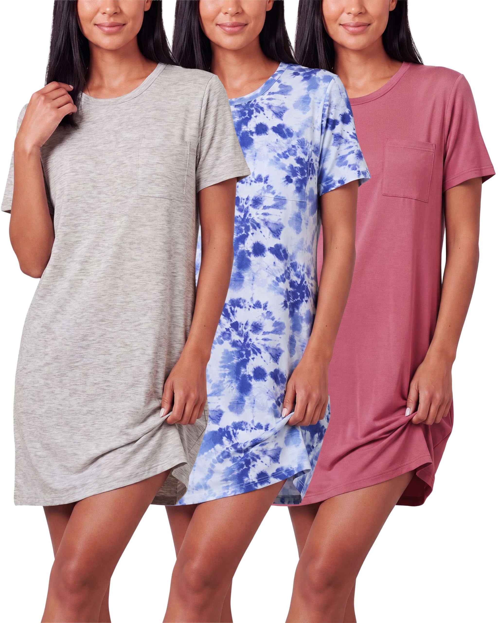 Real Essentials 3 Pack: Women's Short Sleeve Nightgown Dress – Nightshirt Pajama Sleep Shirt Sleepwear (Available In Plus)