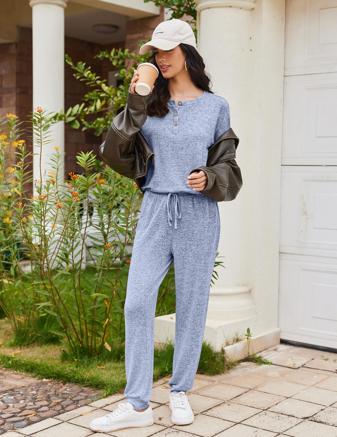 Ekouaer Womens Pajama Sets Long Sleeve Lounge Set 2 Piece Pj Sets for Women Henley Neck Casual Sleepwear Loungewear S-XXL