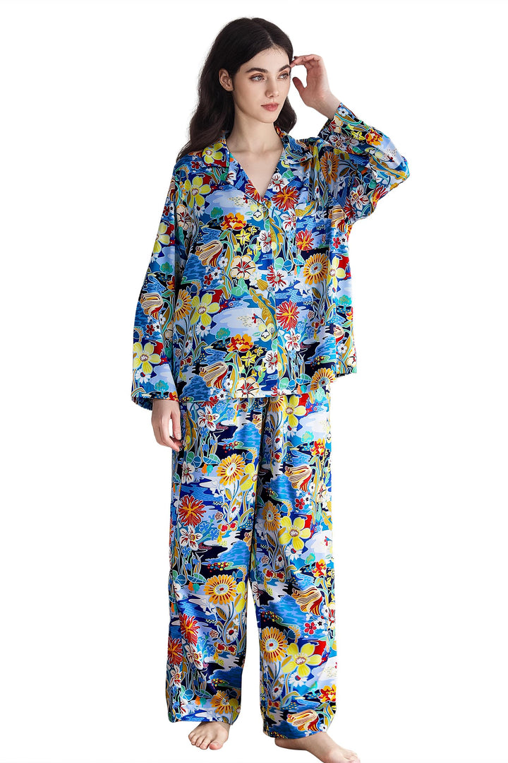 YiNi LuLu Womens Silk Satin Pajamas Set Button Down 2 Piece Pjs Long Sleeve Oversized Sleepwear with Pockets
