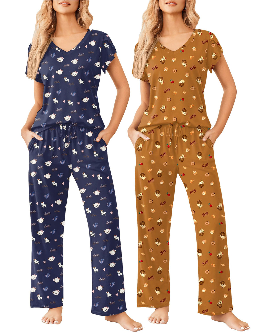 Ekouaer 2 Pack Womens Pajamas Short Sleeve Sleepwear Top with Pants Super-Soft Printed Lounge Sets S-XXL