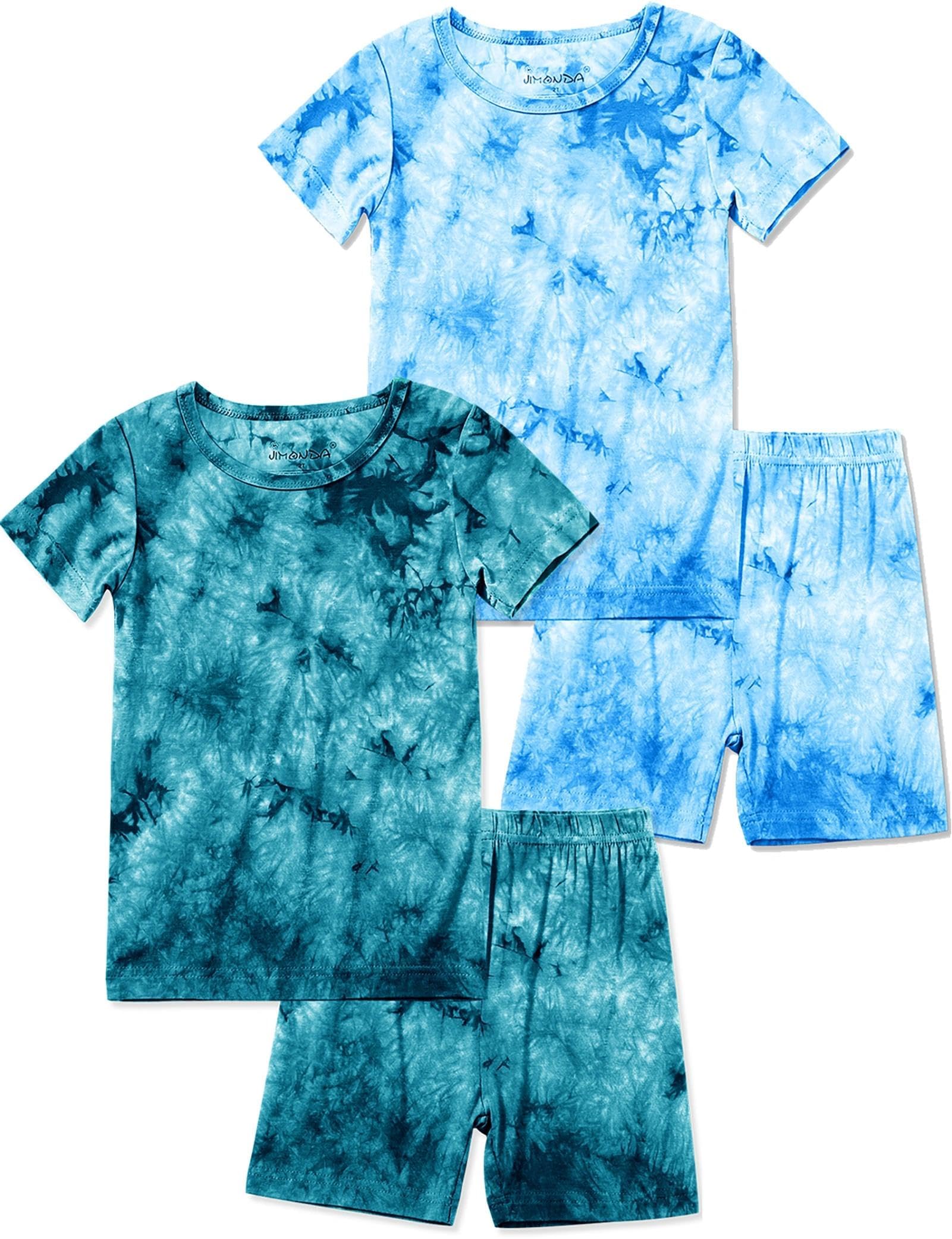 Jimonda Kids Soft Rayon From Bamboo Sleepwear Short Sleeve Boys Girls Pajama Outdoor 4-Piece tops&shorts Casual sets Tie PJ