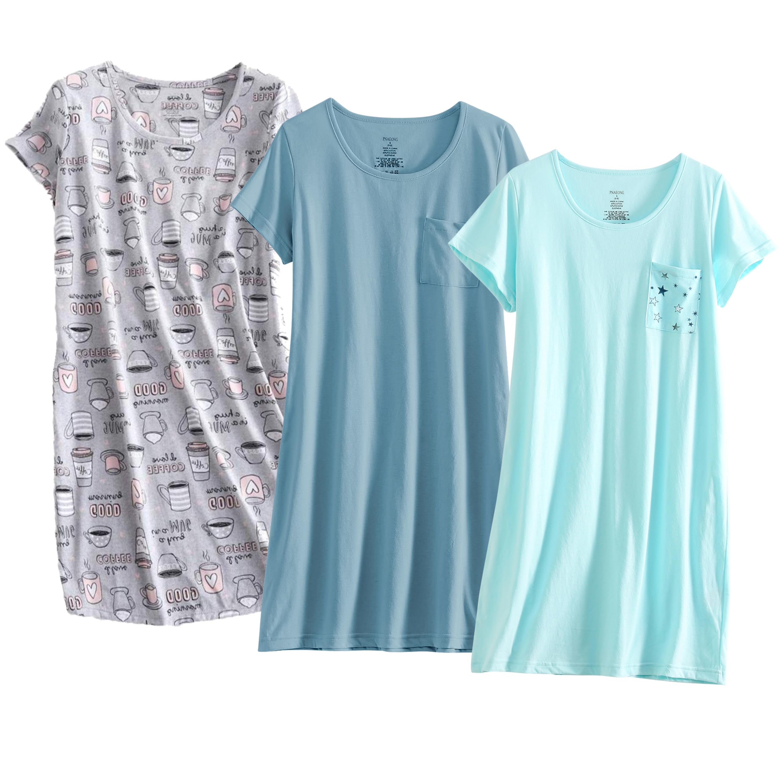 PNAEONG 3 Pack Women's Cotton Nightgown Sleepwear Short Sleeves Shirt Casual Print Sleepdress