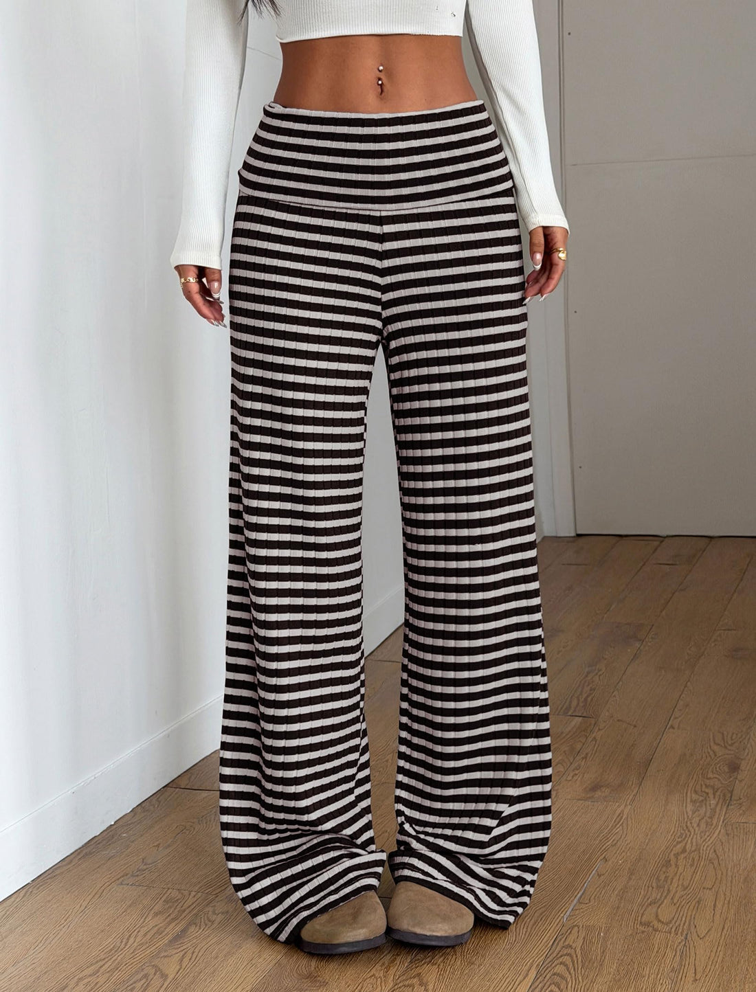 ZAFUL Women's Striped Pants Casual Fold Waist Wide Leg Pants Lightweight Comfy Stretchy Loose Lounge Pajama Pants