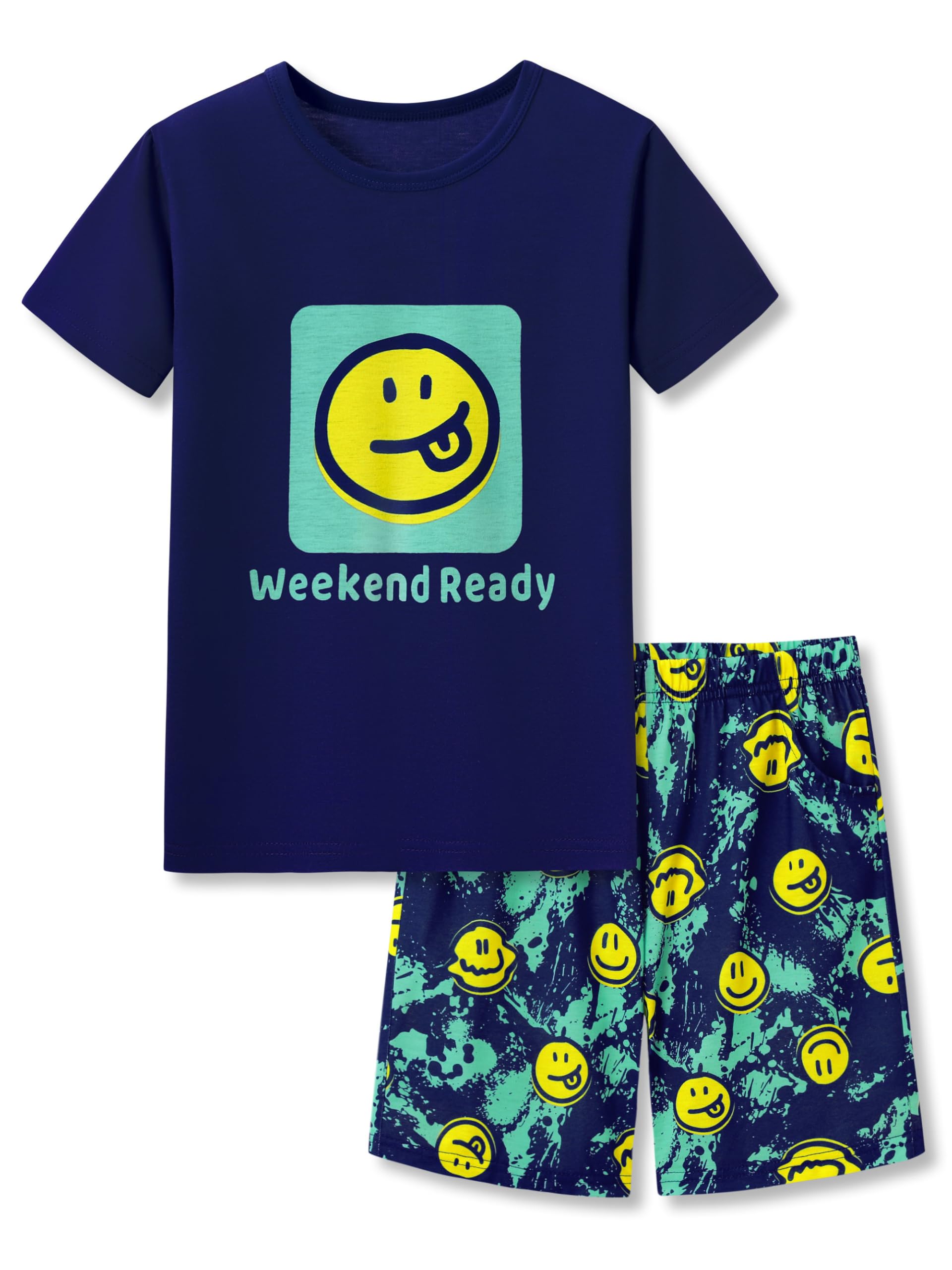 Tebbis Pajamas For Boys Fun Baseball Navy Blue Short Sleeves 2-Piece PJs Set Kid Comfy Sleepwear Size 6-18
