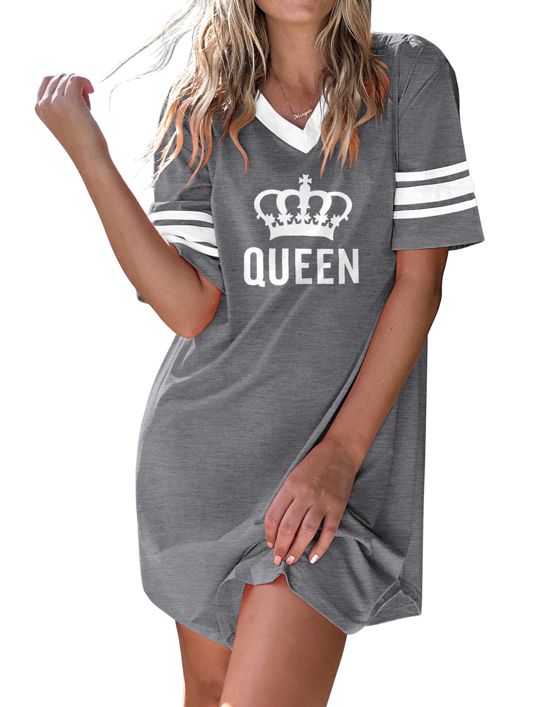 Ekouaer Nightgowns for Women Cotton Night Gown Short Sleeve Sleepwear V Neck Color Block Sleep Shirts Ladies Night Shirts