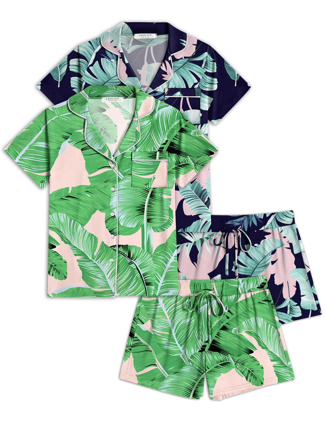 Ekouaer Womens Pajamas Set 2 Pack Button Down Summer Sleepwear Short Sleeve Comfy Pjs Loungewear Set