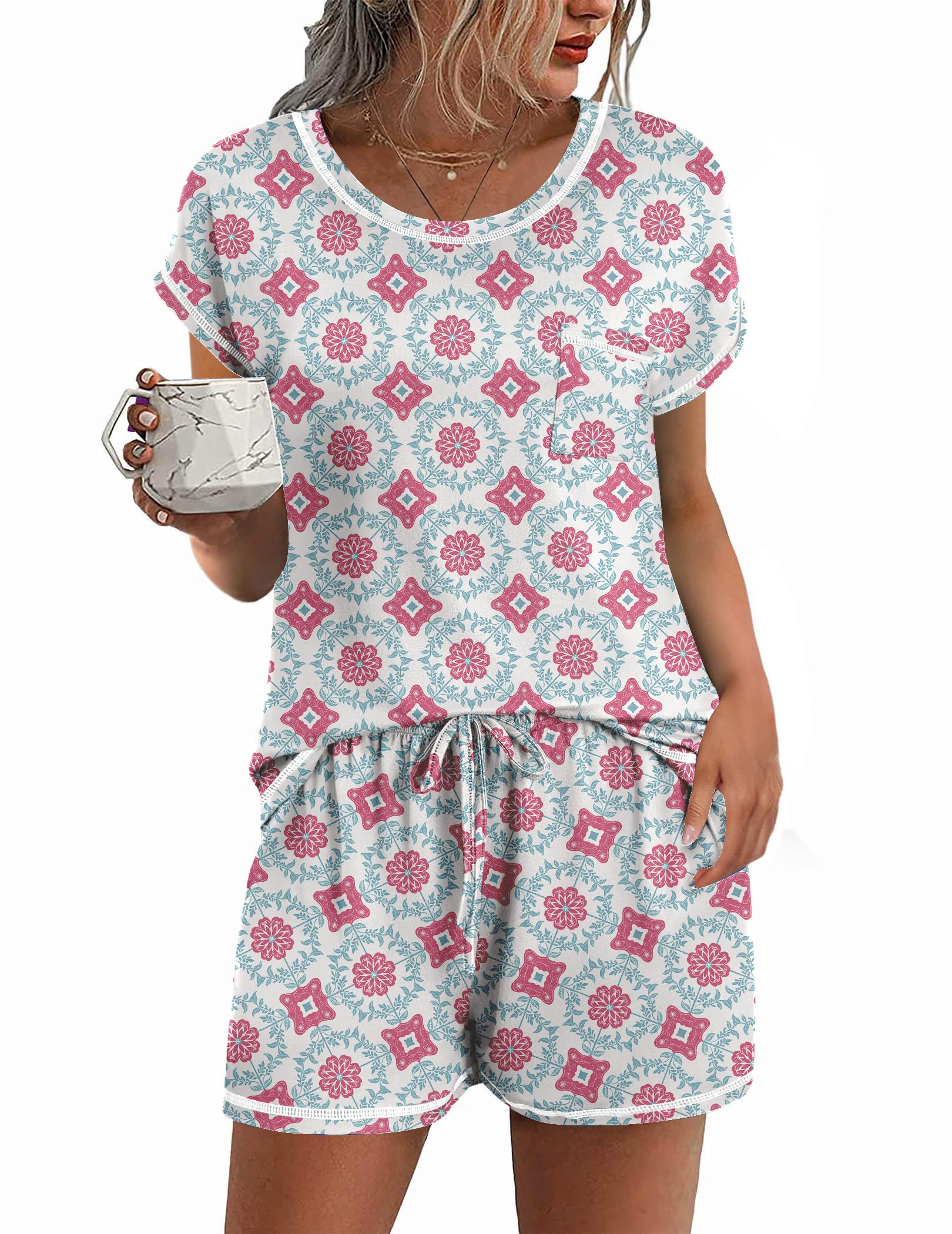 Ekouaer Womens Pajama Sets 2 Piece Soft Short Sleeve Top and Shorts Sleepwear Round Neck Pjs Lounge Set with Pockets