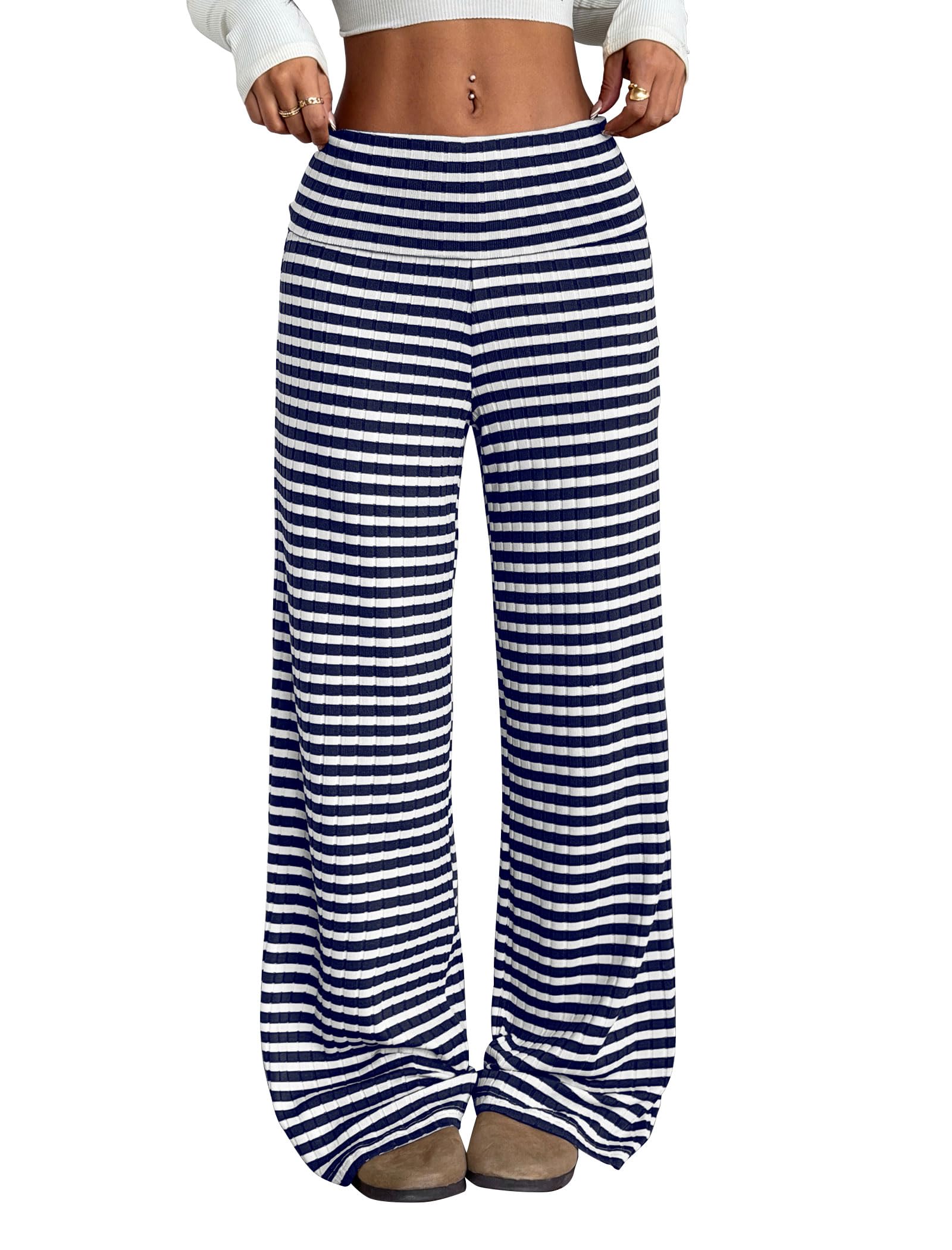 ZAFUL Women's Striped Pants Casual Fold Waist Wide Leg Pants Lightweight Comfy Stretchy Loose Lounge Pajama Pants