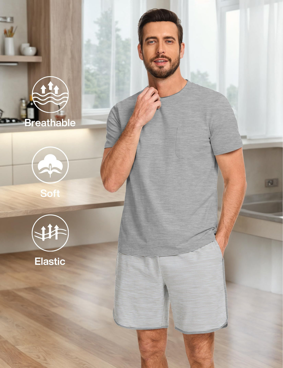 Mens Cotton Pajamas Set Stripe 2 Piece Lounge Set Pjs Summer Short Sleeve and Shorts Comfy Loungewear with Pockets WEBE CLOTHING