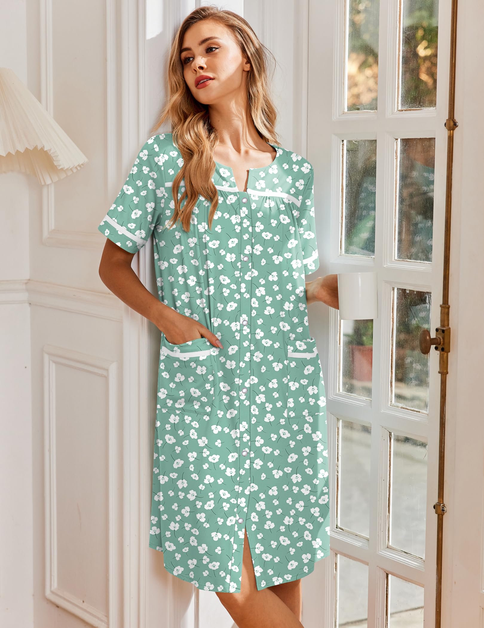 Ekouaer Nightgowns for Women House Dress with Pockets Snap Front House Coat | Duster Mumu Dress, Short Sleeve Moo Moos, Plus Size Sleepwear, Casual Lounge Dress, Labor Delivery Gown, Daily Wear, Home