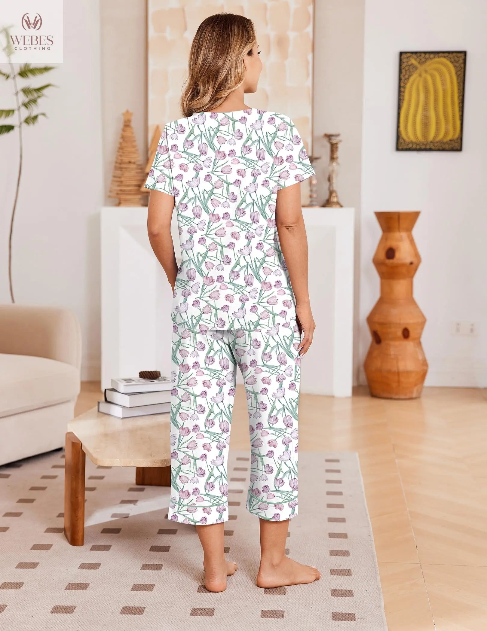 Ekouaer Cotton Pajamas for Women Set Short Sleeve Top and Capri Pants | 2 Pieces Lounge Set with Pockets V Neck Comfy Soft Sleepwear for Mom, Wife, Grandmother WEBE CLOTHING