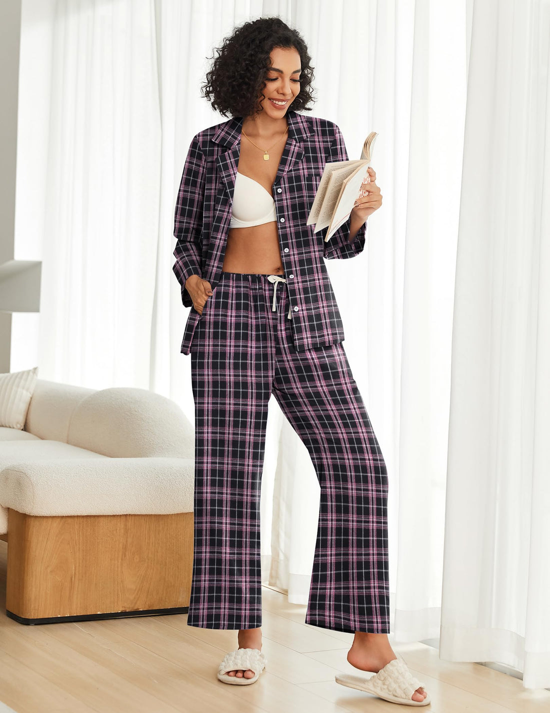 Ekouaer Womens Pajama Sets 2 Piece Cotton Plaid Pjs Long Sleeve Sleepwear Button Down Lounge Set with Pockets