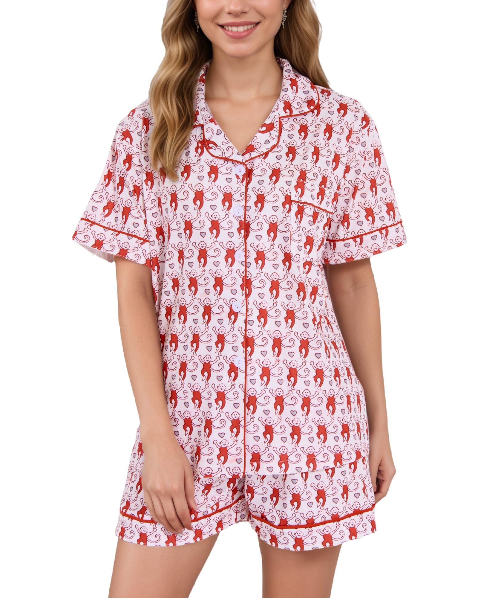 Women Y2k Pajamas Set Cute Preppy 2PCS Button Down Holiday Monkey Shorts Summer Outfit Beach Vacation Loungewear PJs WEBE CLOTHING